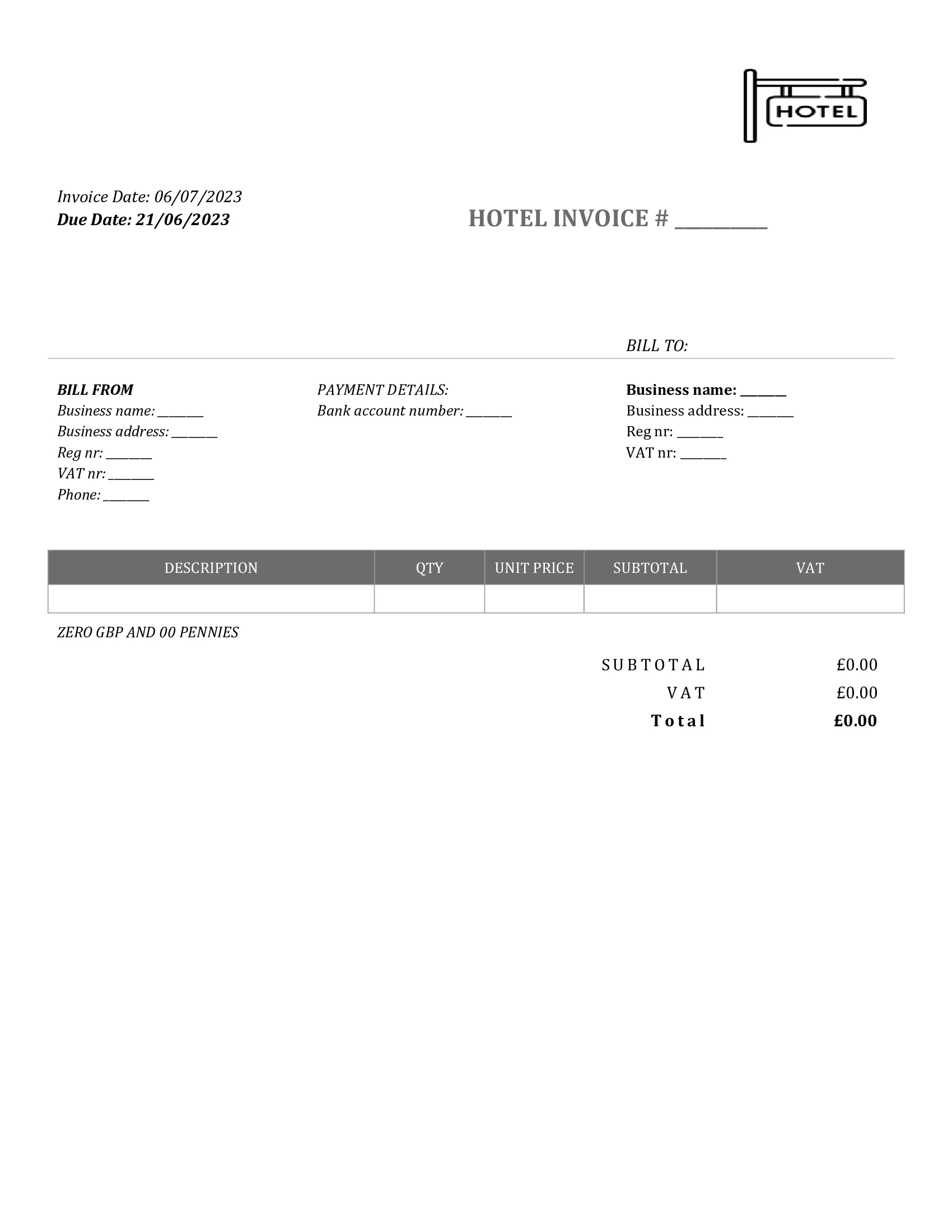 standart hotel invoice template UK Word / Google docs