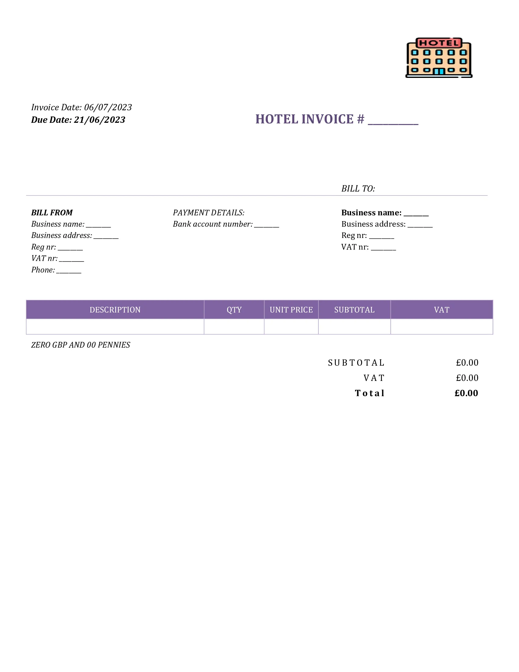fillable hotel invoice template UK Word / Google docs