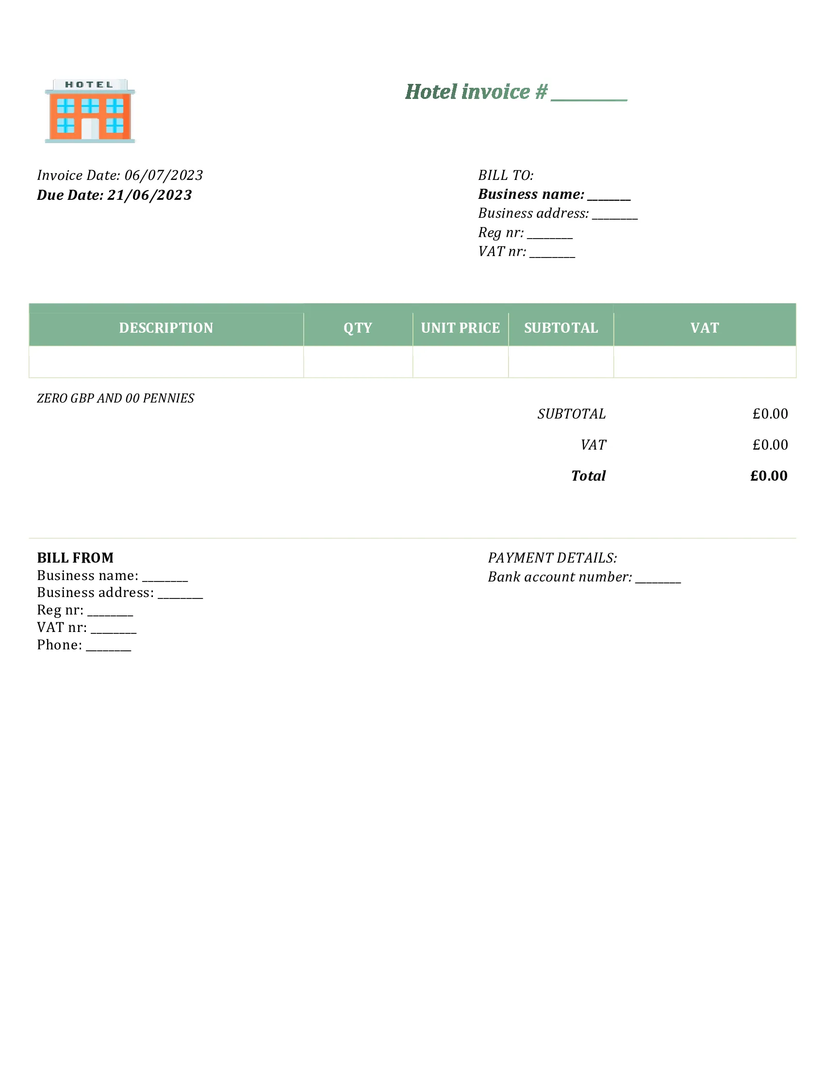 customizable hotel invoice template UK Word / Google docs