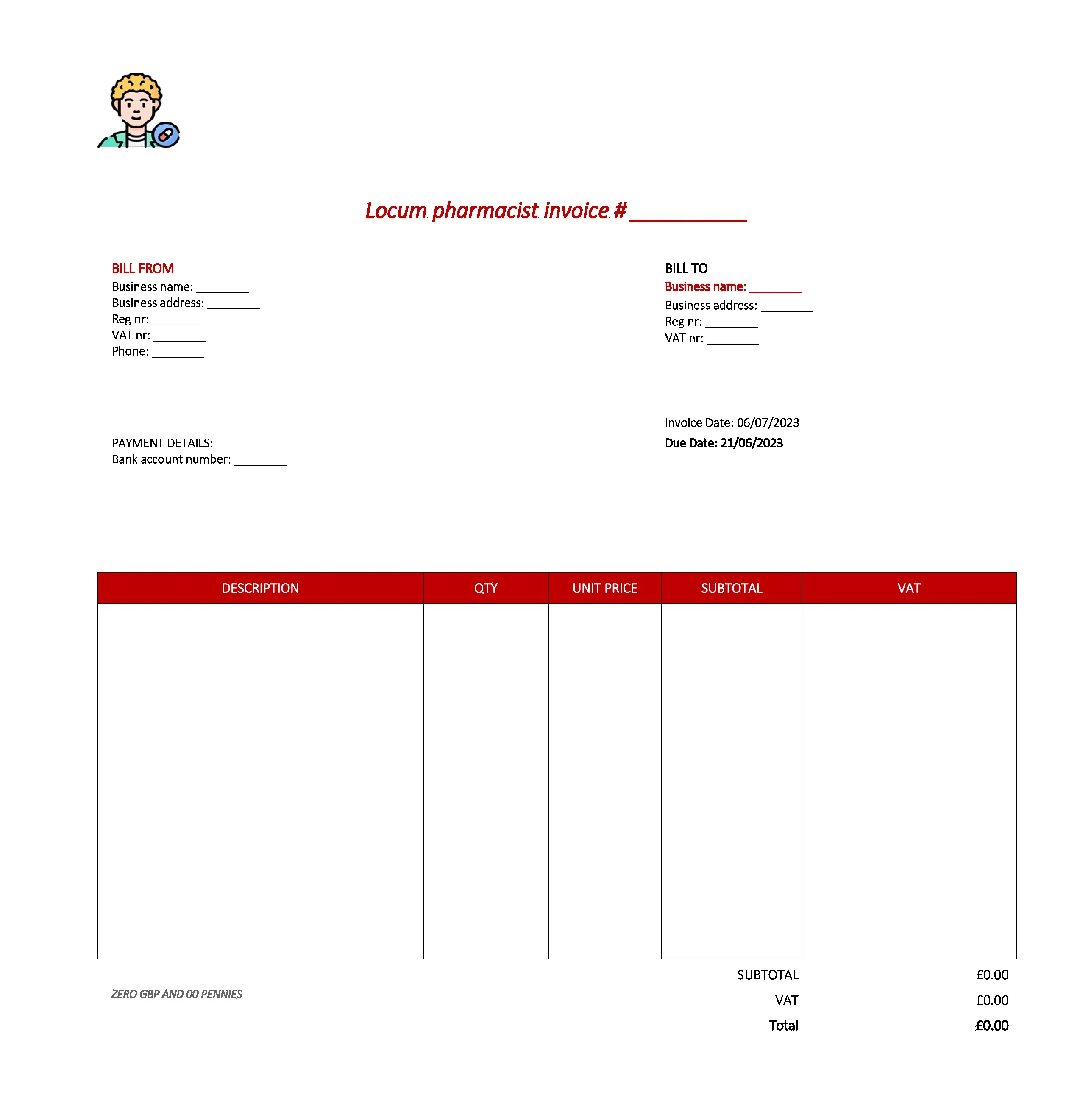 best locum pharmacist invoice template UK Excel / Google sheets