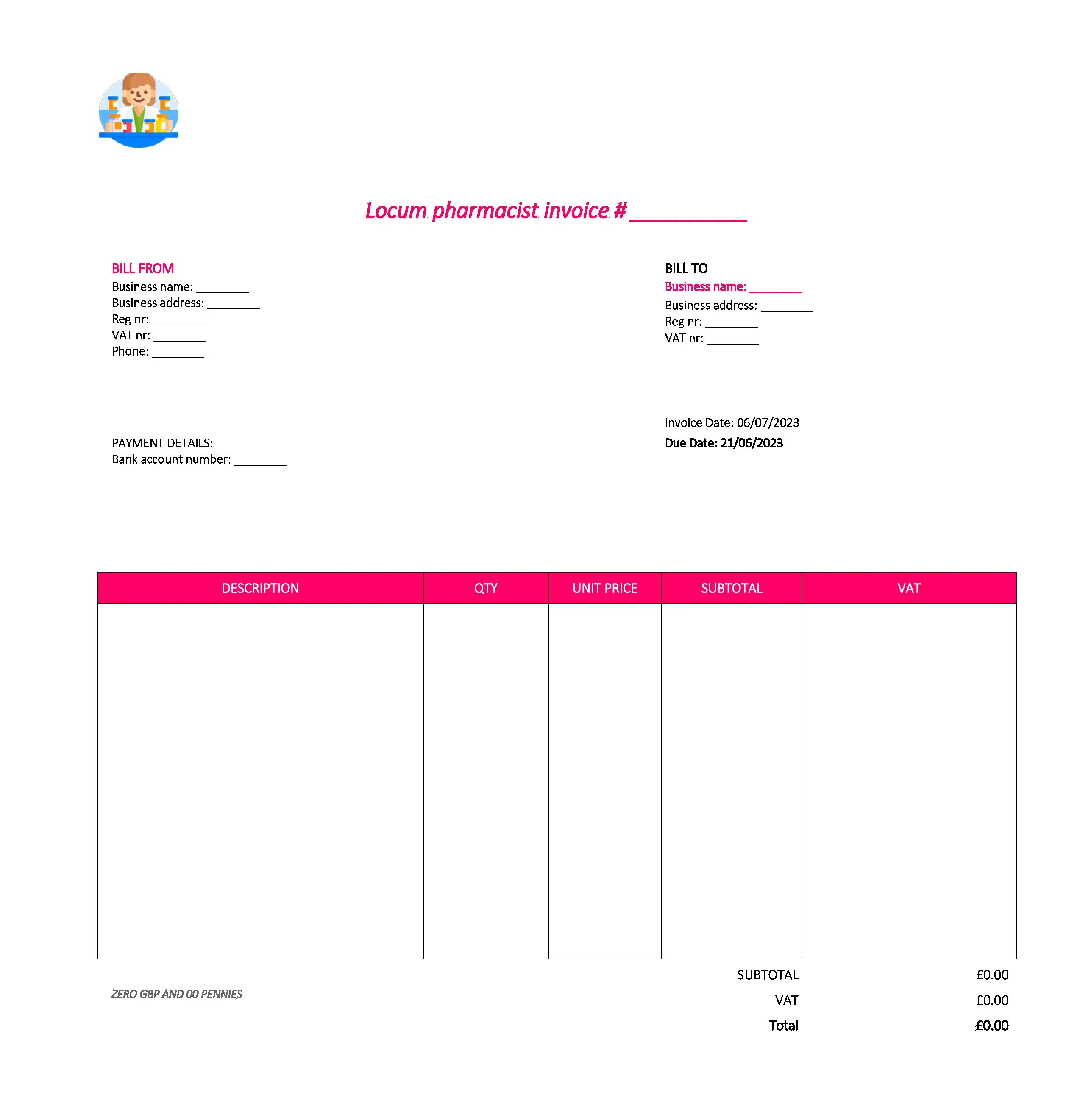 nice locum pharmacist invoice template UK Excel / Google sheets