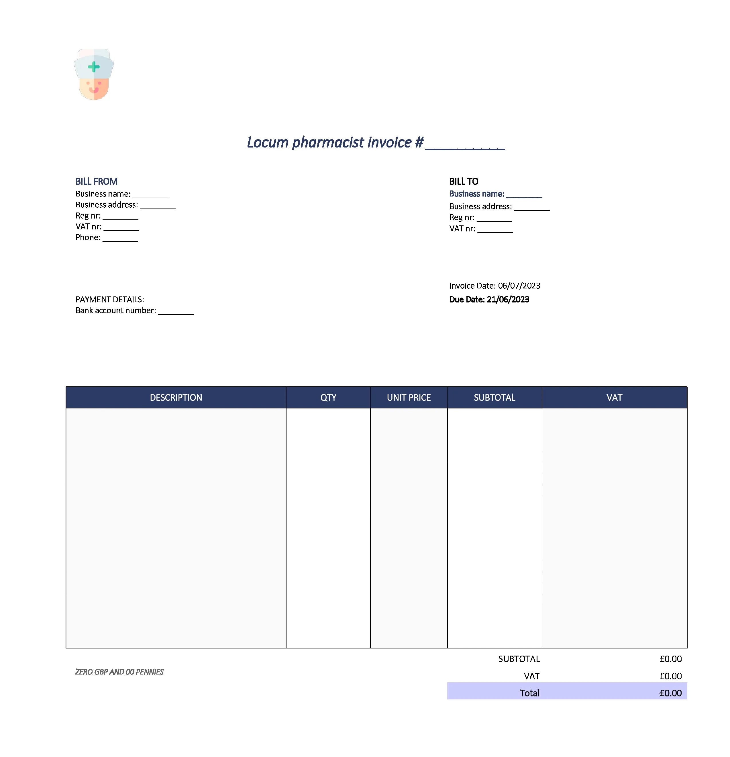cute locum pharmacist invoice template UK Excel / Google sheets