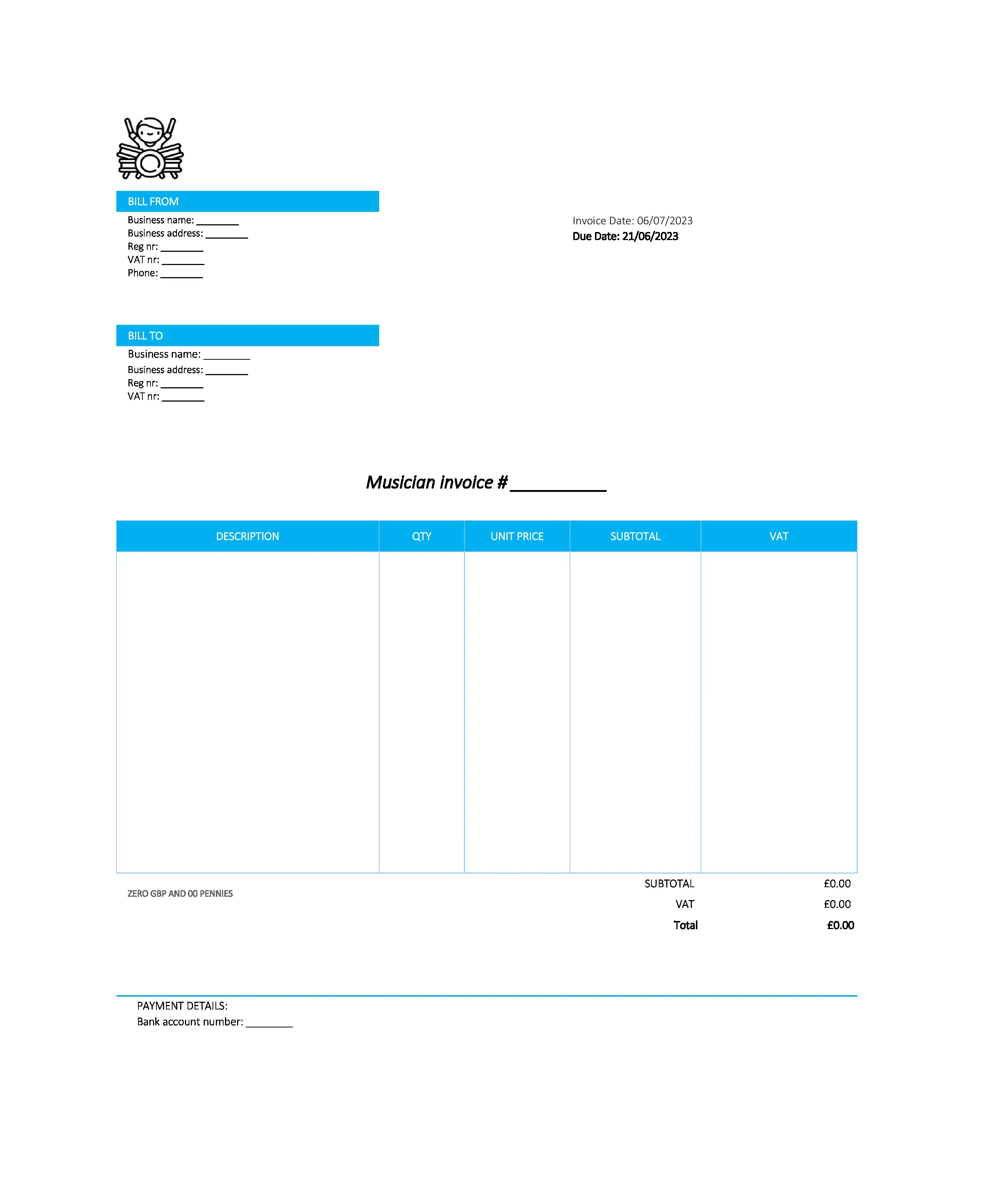 electronic musician invoice template UK Excel / Google sheets