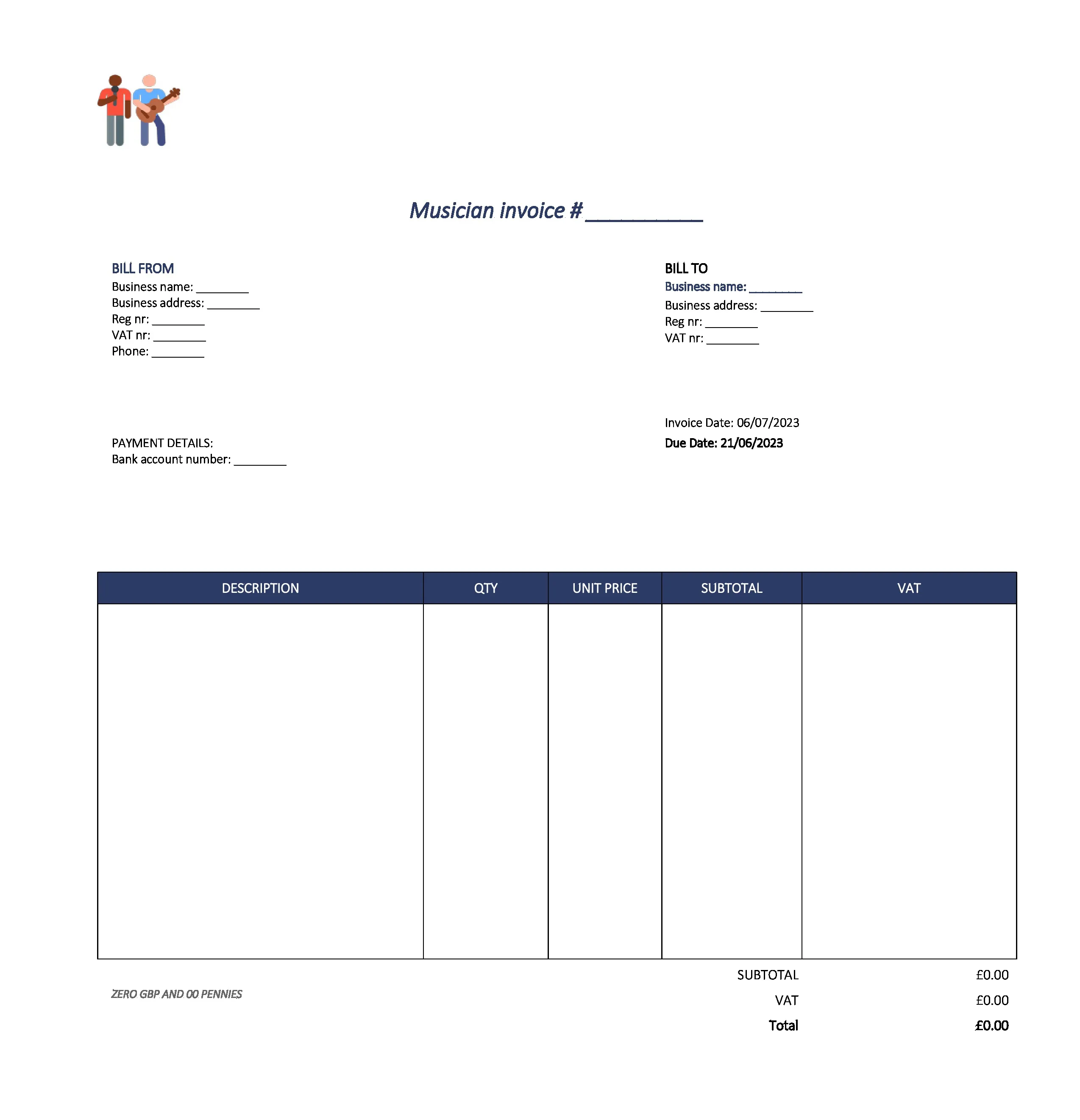 detailed musician invoice template UK Excel / Google sheets