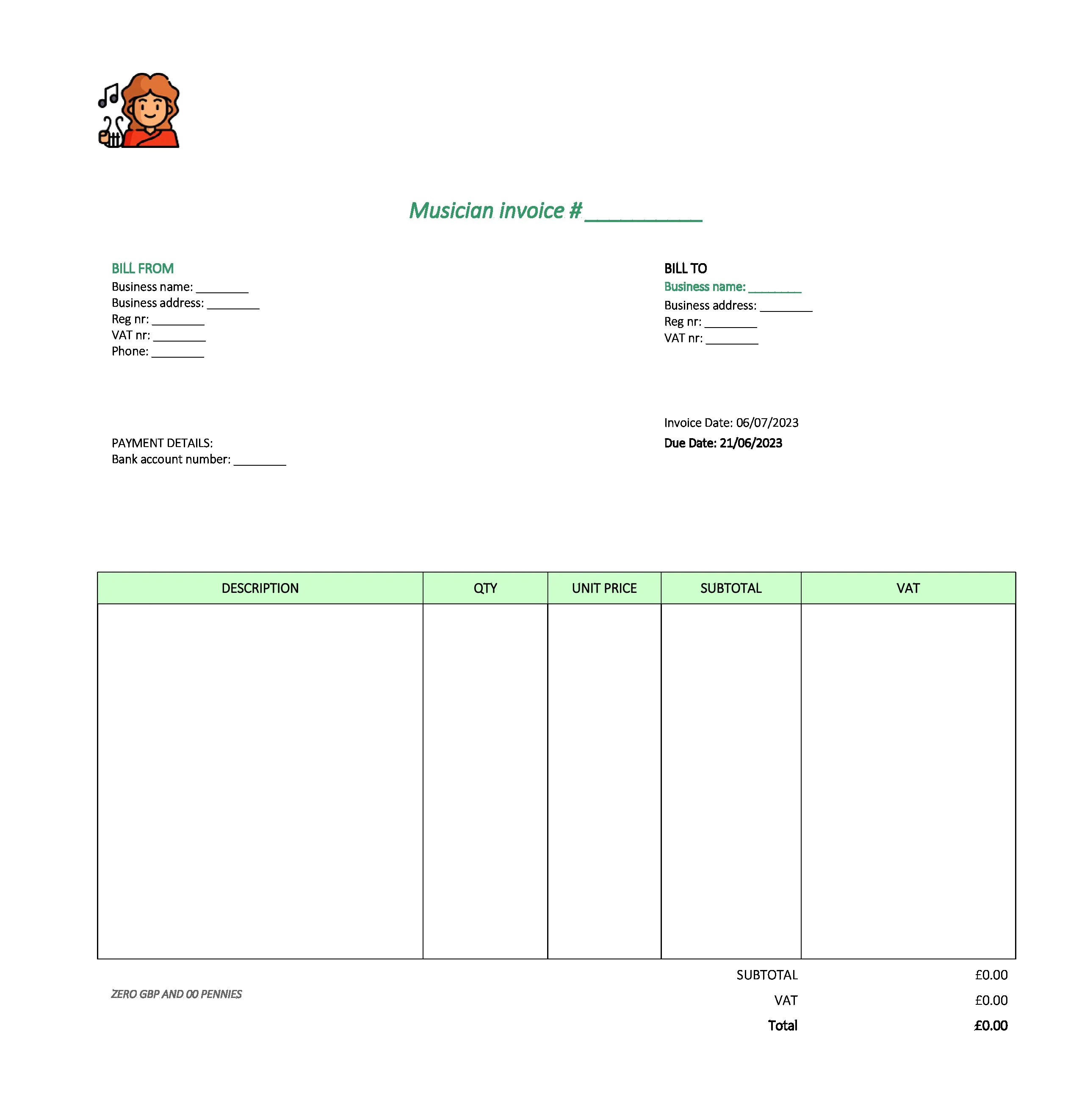 with logo musician invoice template UK Excel / Google sheets
