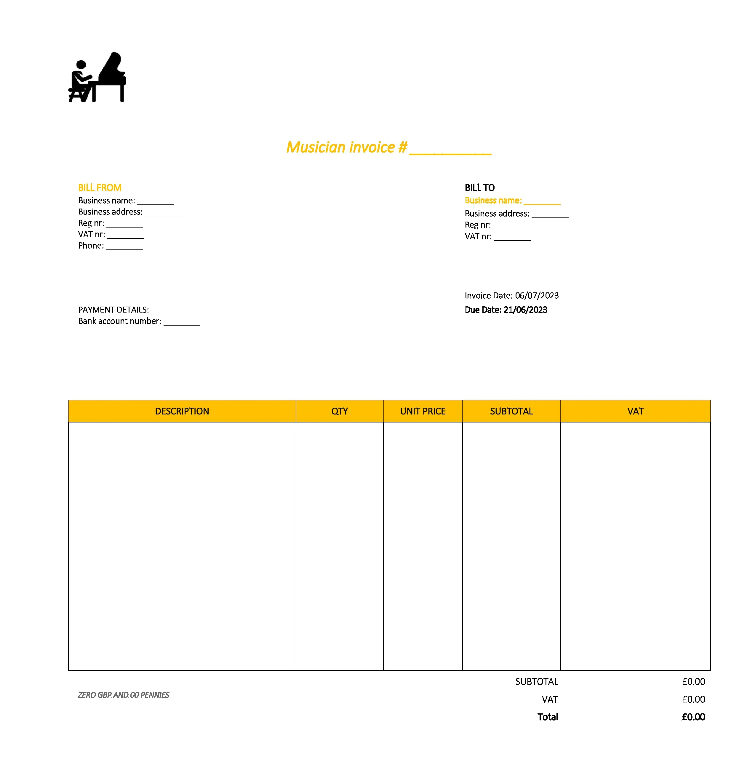 draft musician invoice template UK Excel / Google sheets