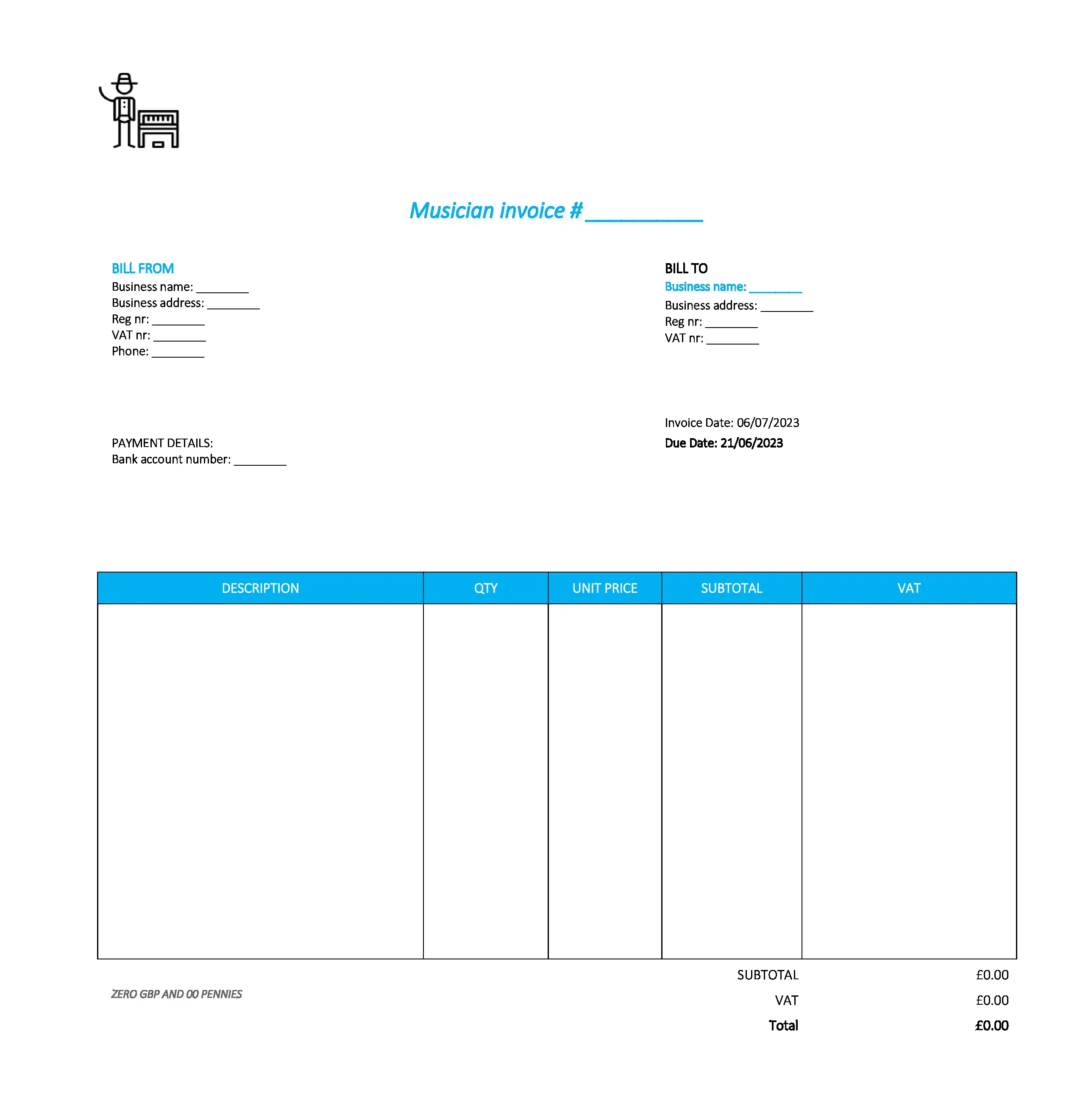 good musician invoice template UK Excel / Google sheets
