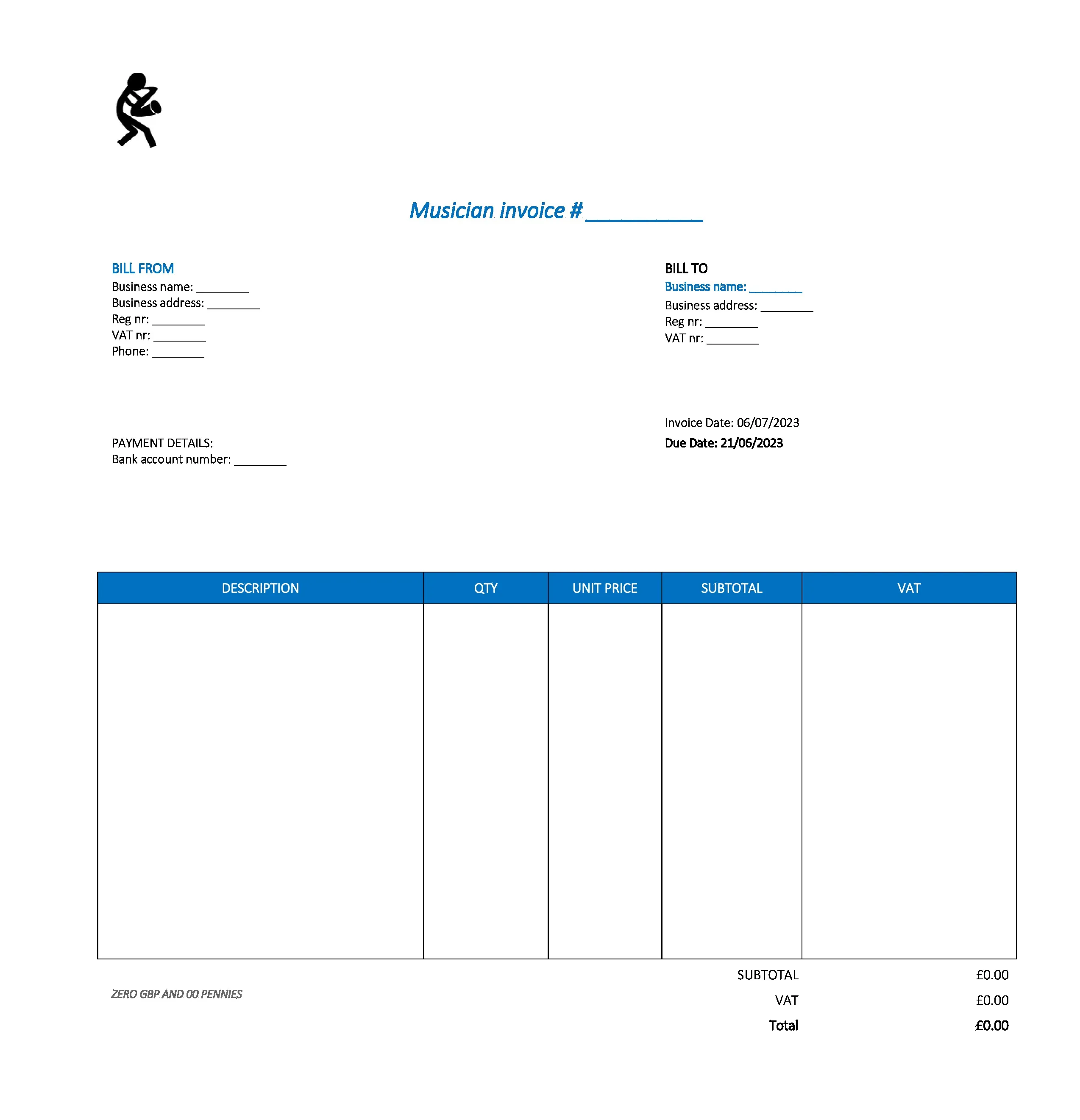 typical musician invoice template UK Excel / Google sheets