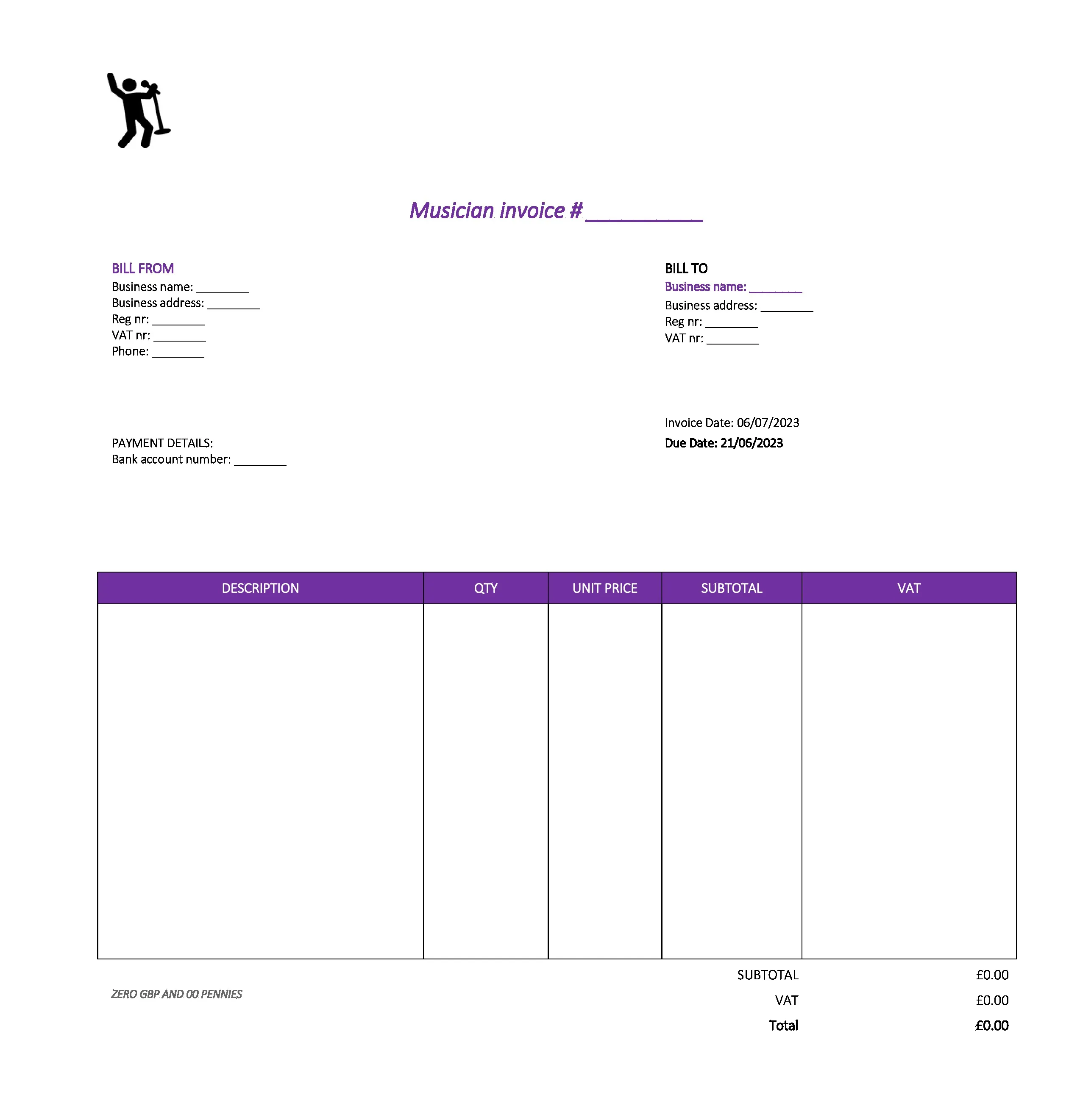 pretty musician invoice template UK Excel / Google sheets