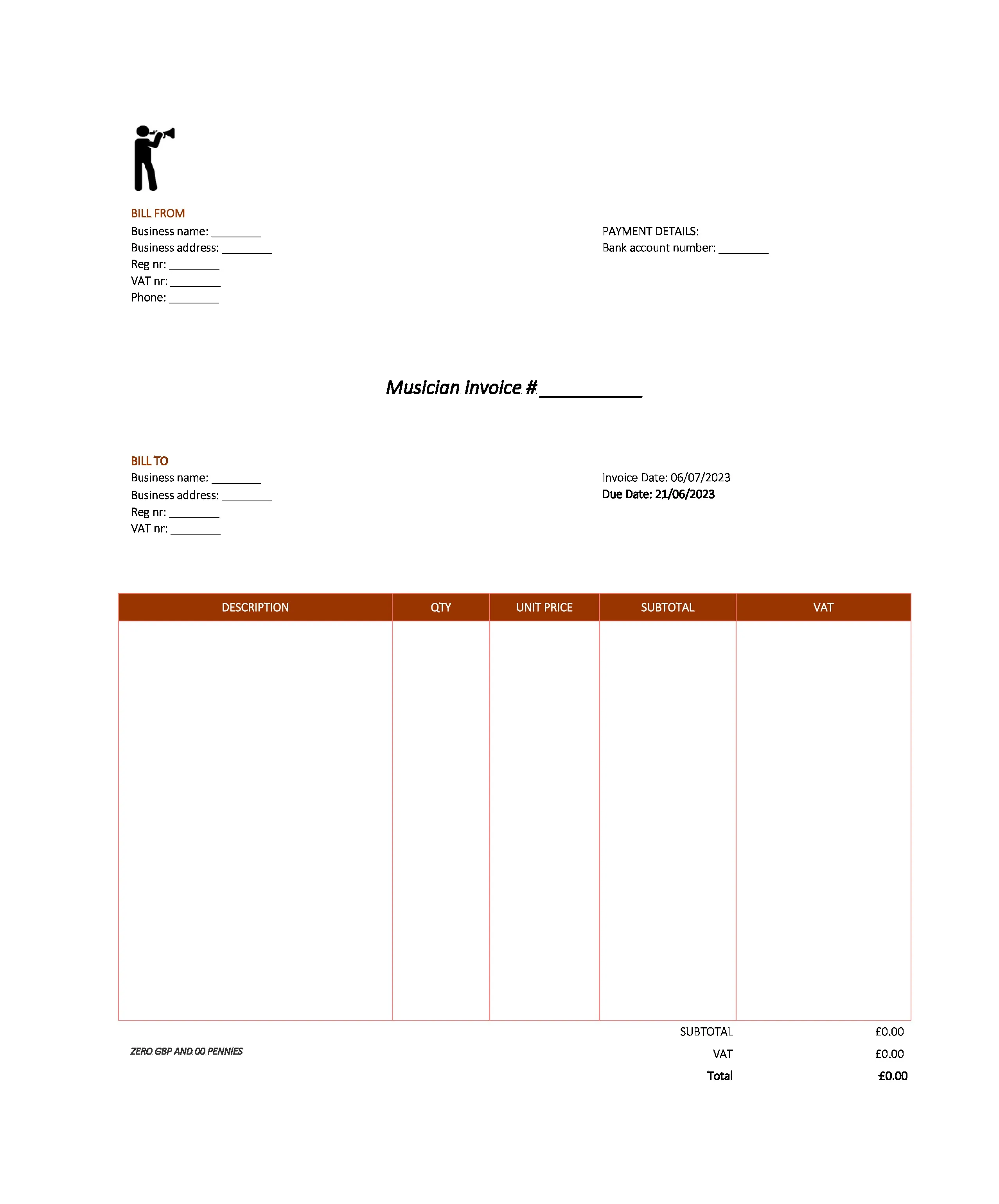 modern musician invoice template UK Excel / Google sheets