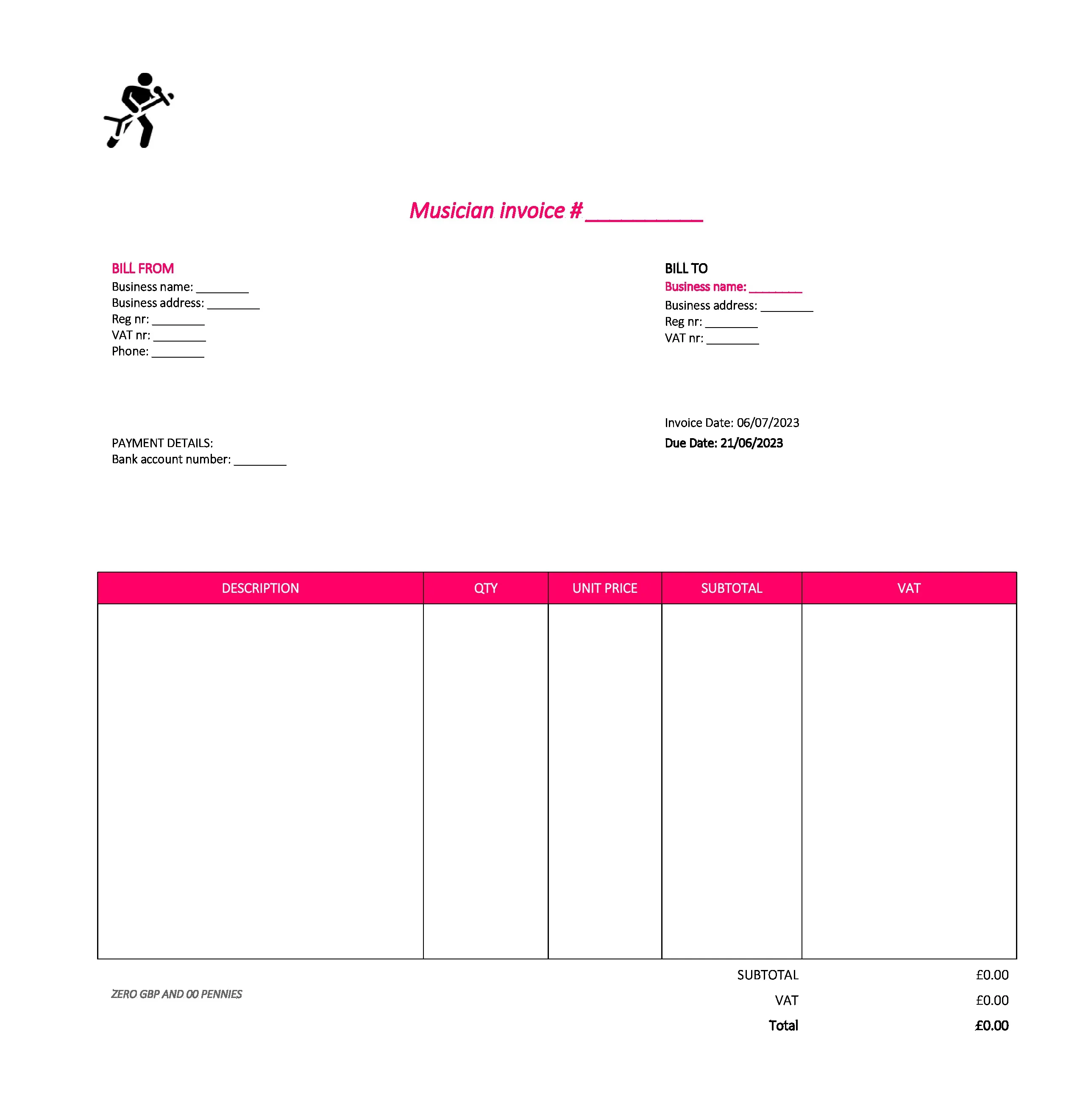 nice musician invoice template UK Excel / Google sheets