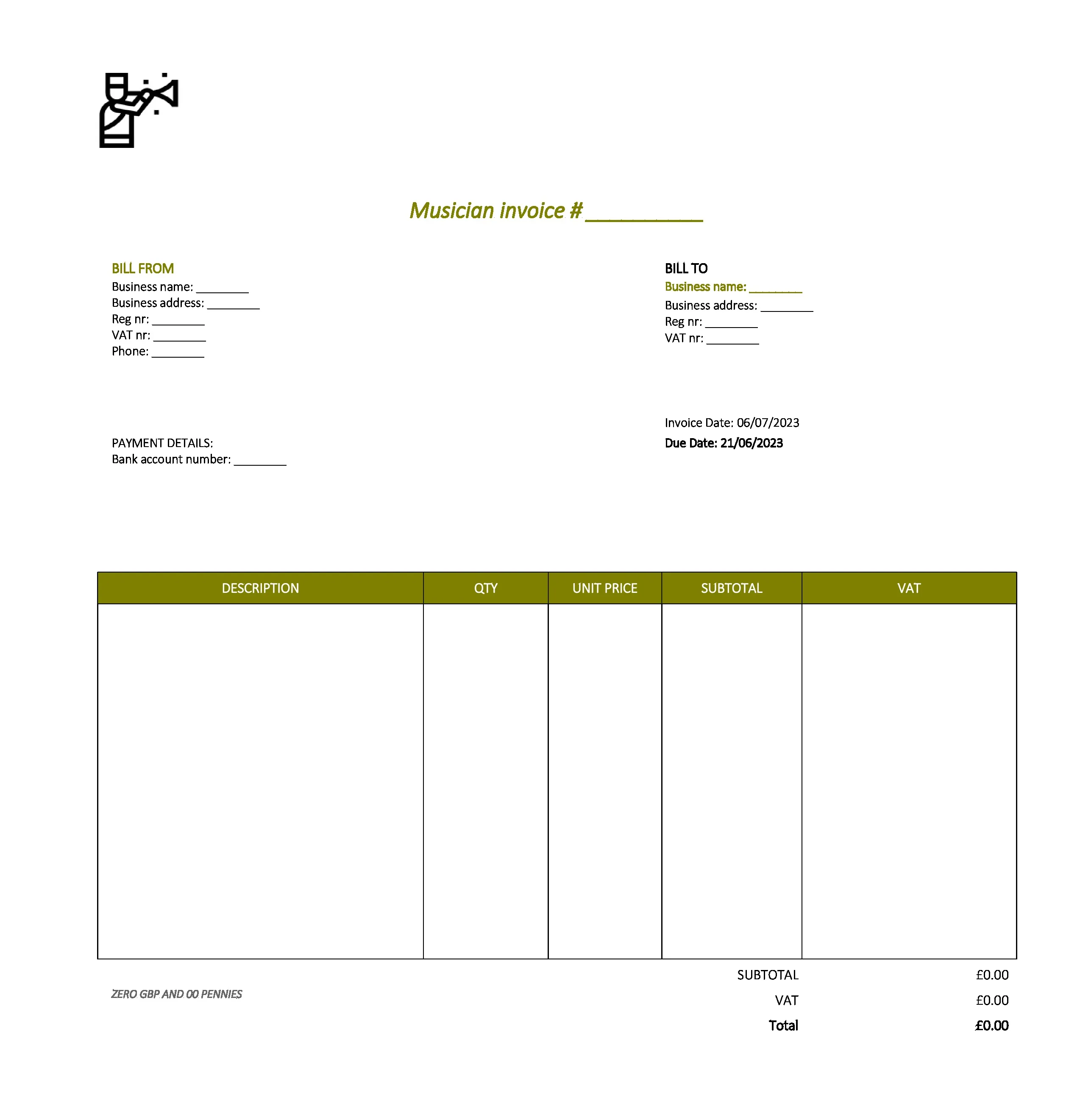 minimalist musician invoice template UK Excel / Google sheets