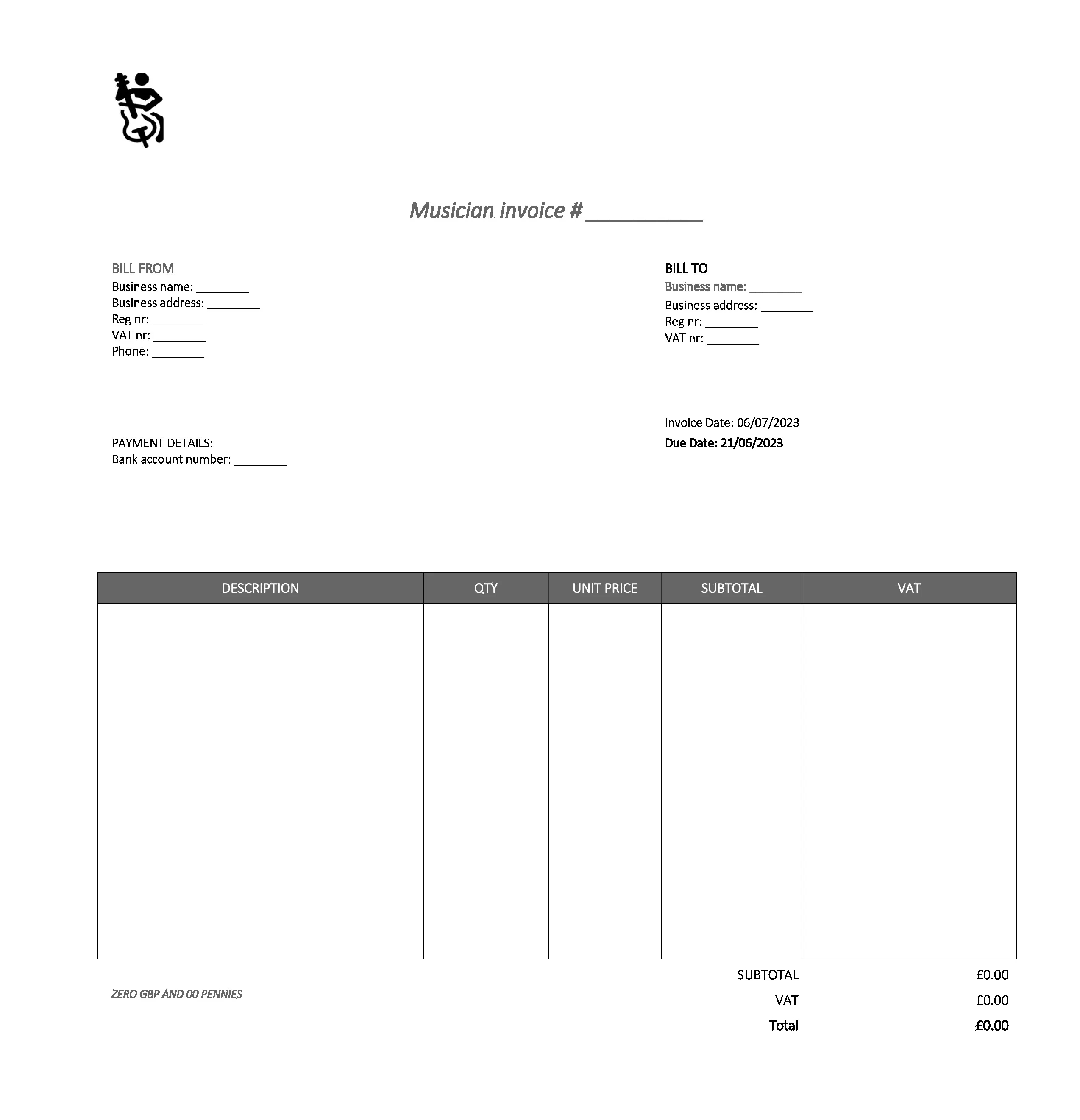 fancy musician invoice template UK Excel / Google sheets
