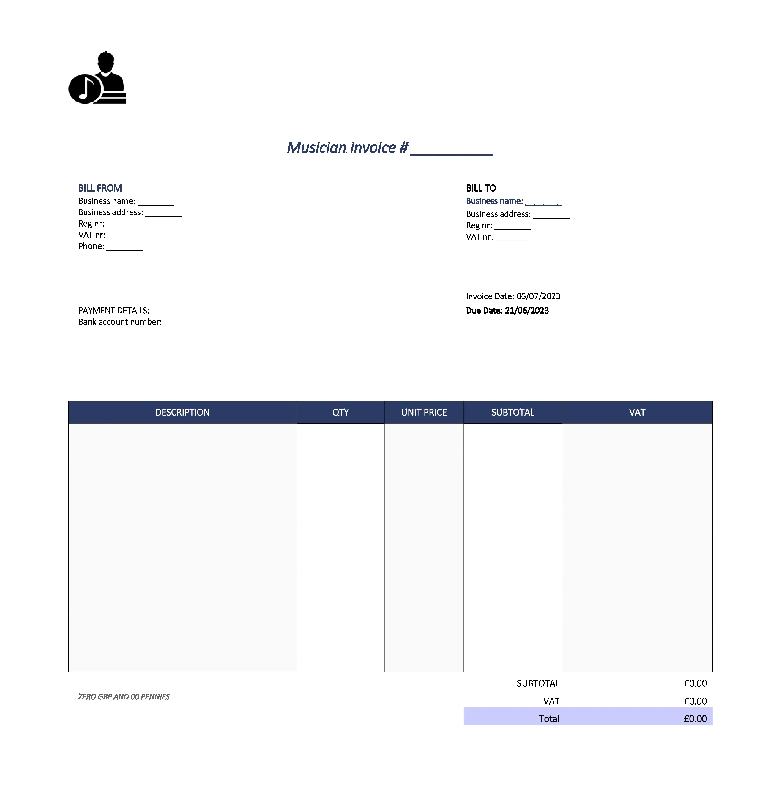 cute musician invoice template UK Excel / Google sheets