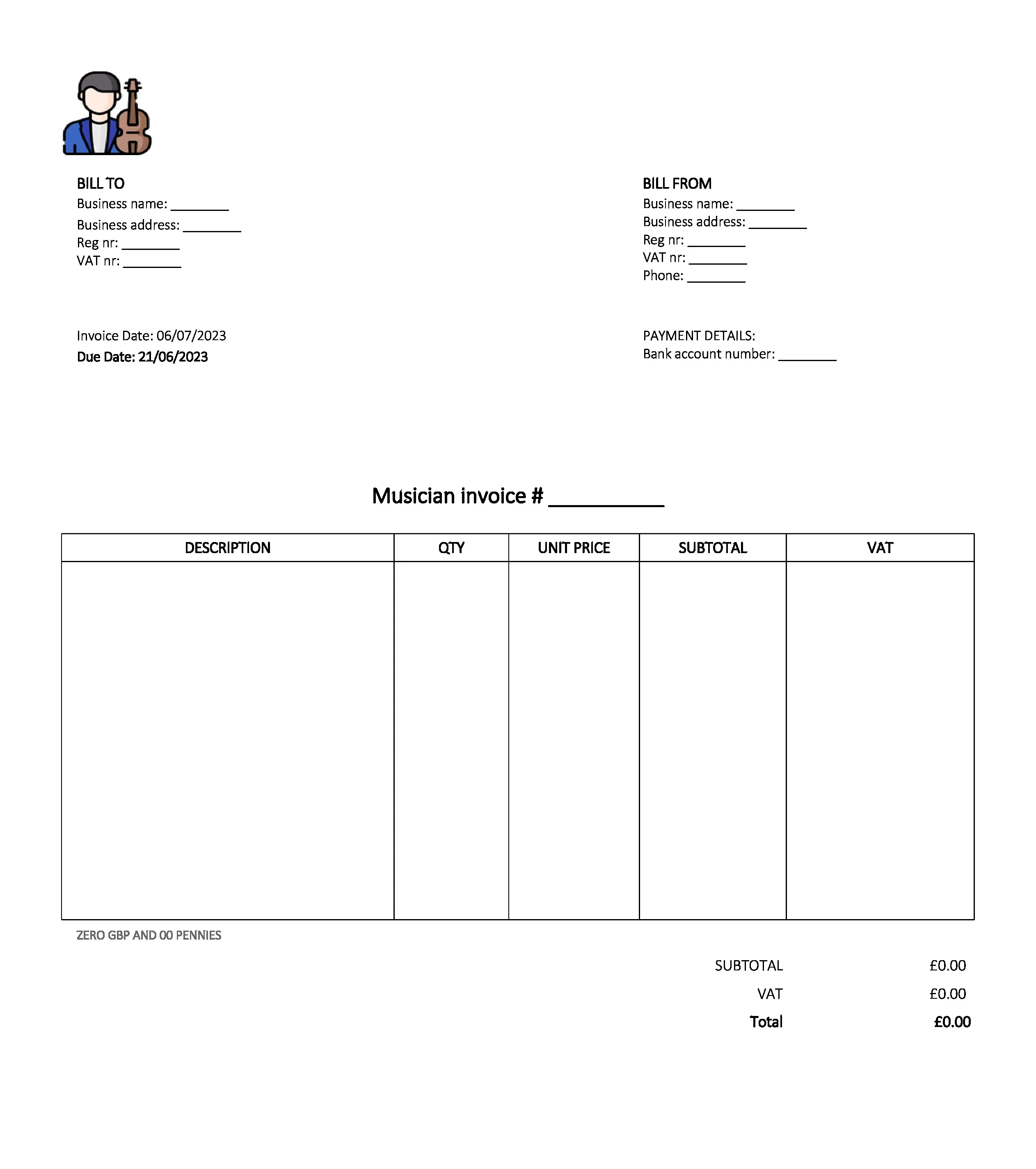 email deliverable musician invoice template UK Excel / Google sheets