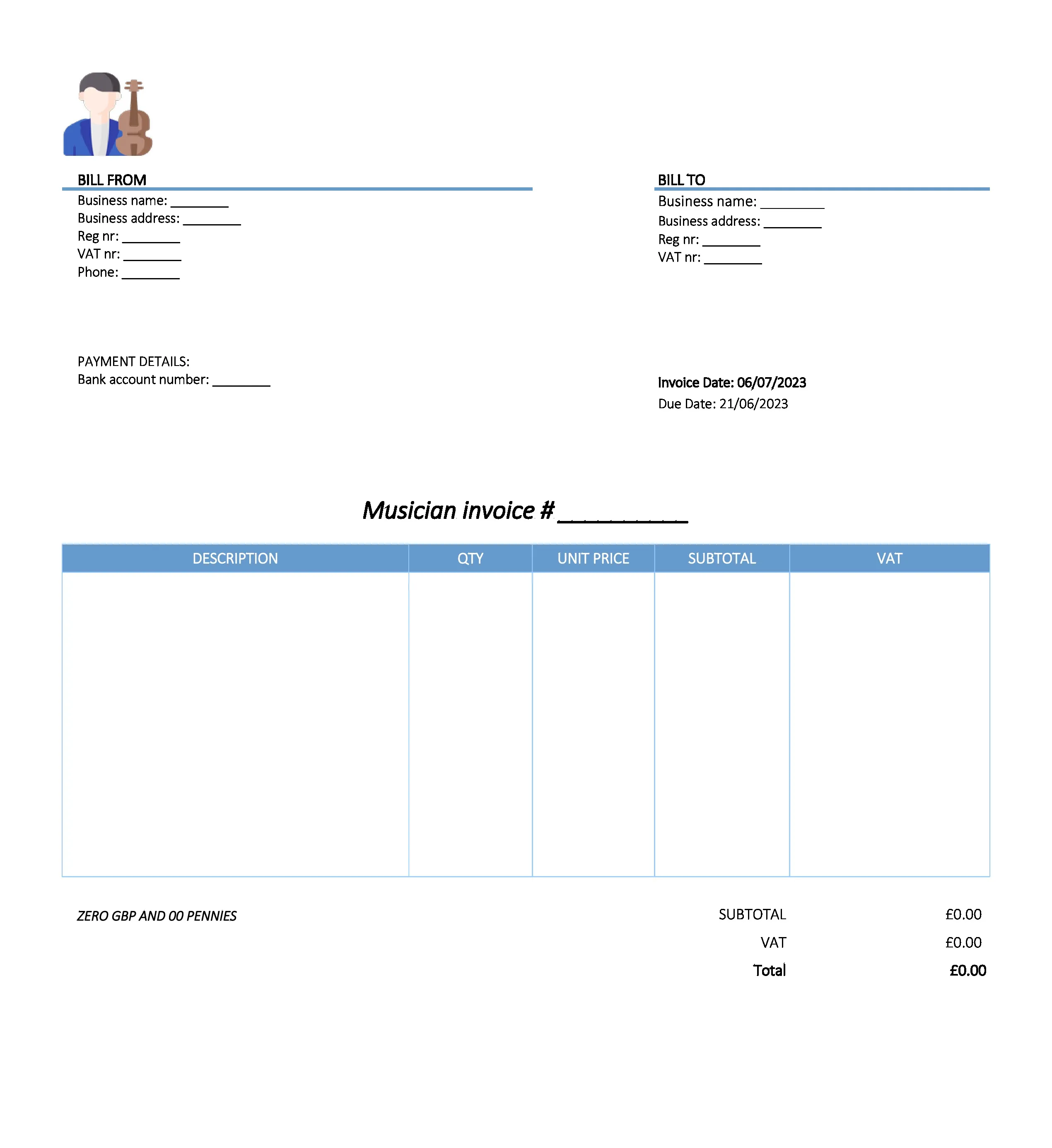 with bank details musician invoice template UK Excel / Google sheets