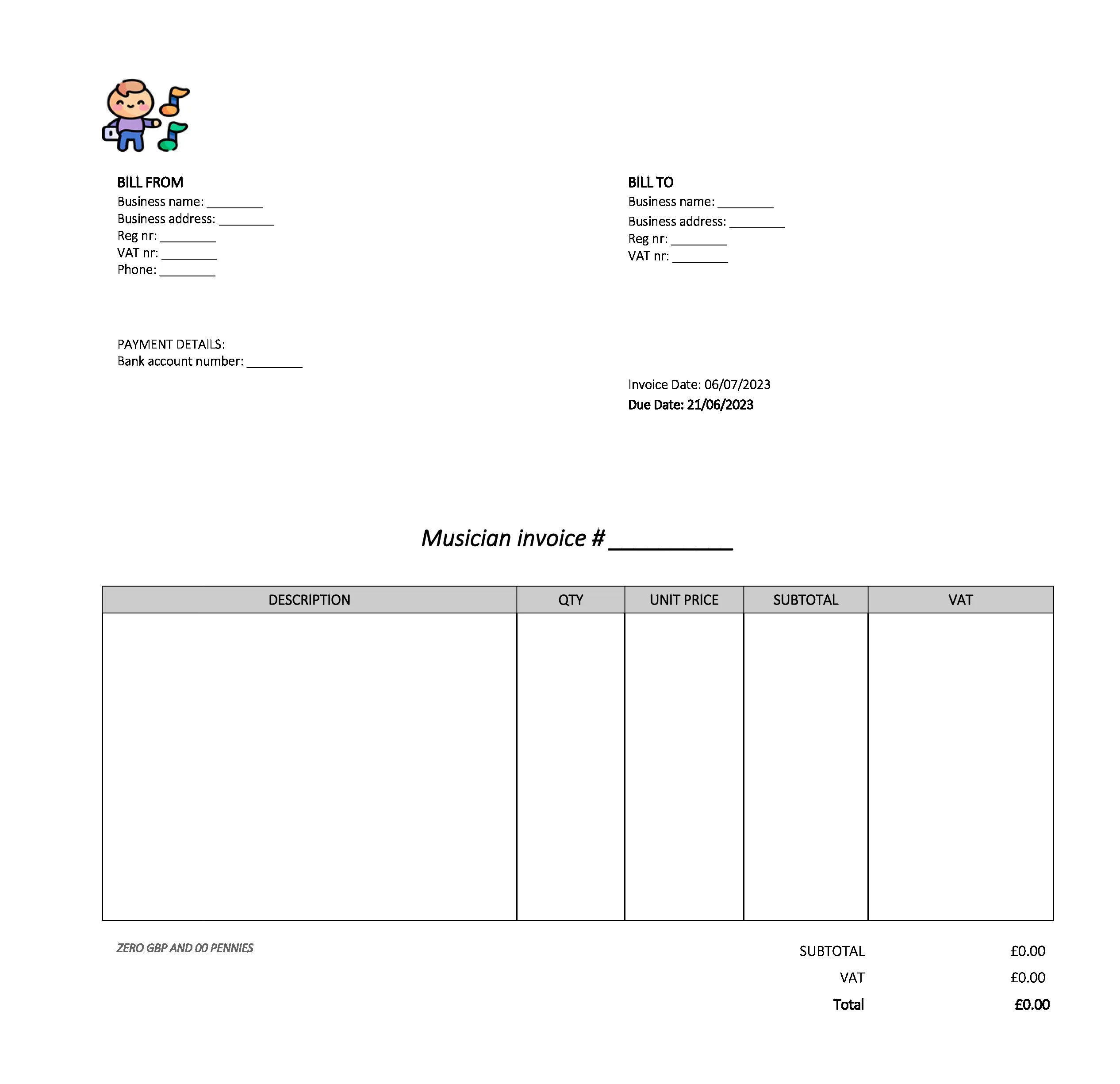 empty musician invoice template UK Excel / Google sheets