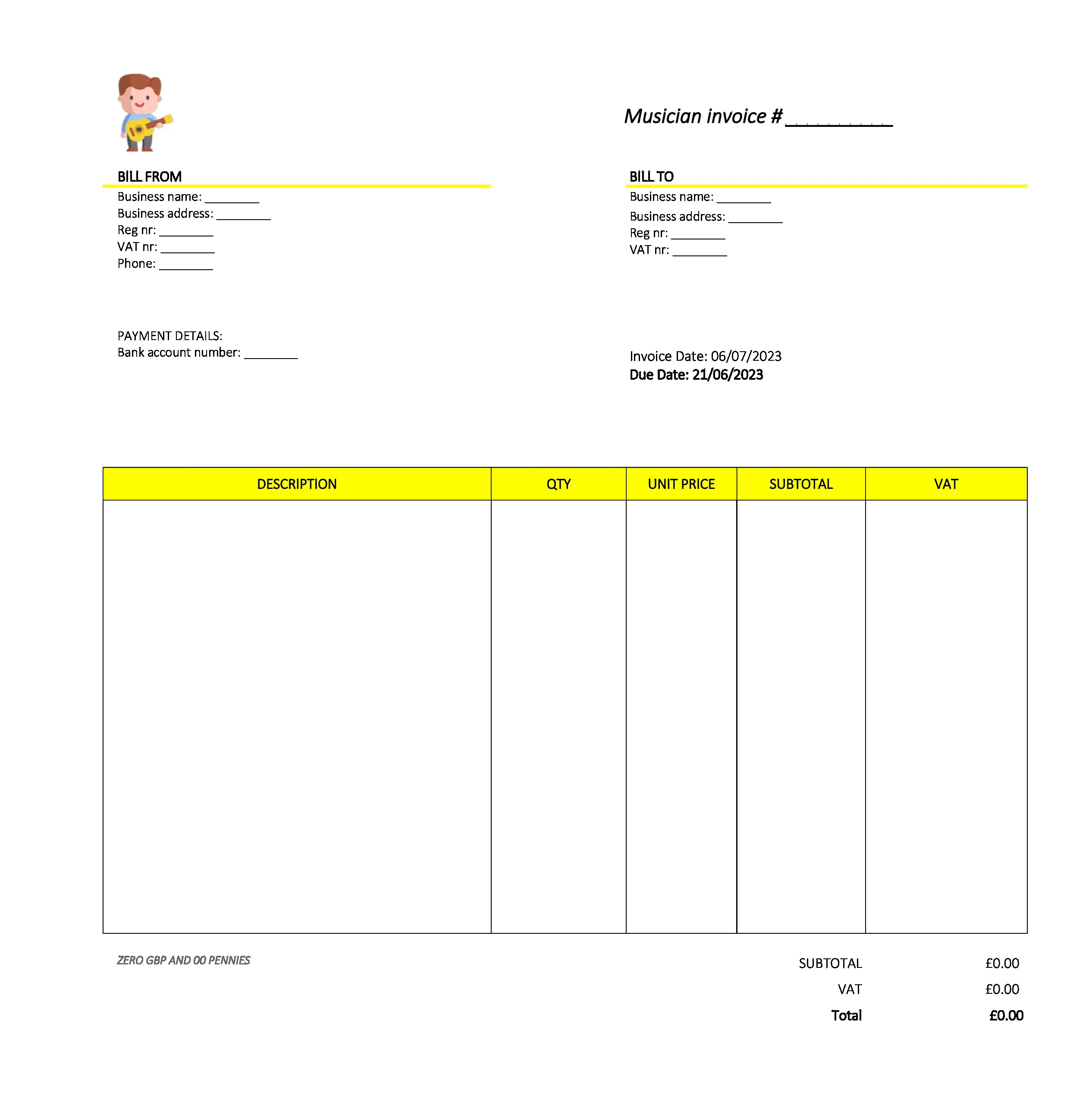 formal musician invoice template UK Excel / Google sheets