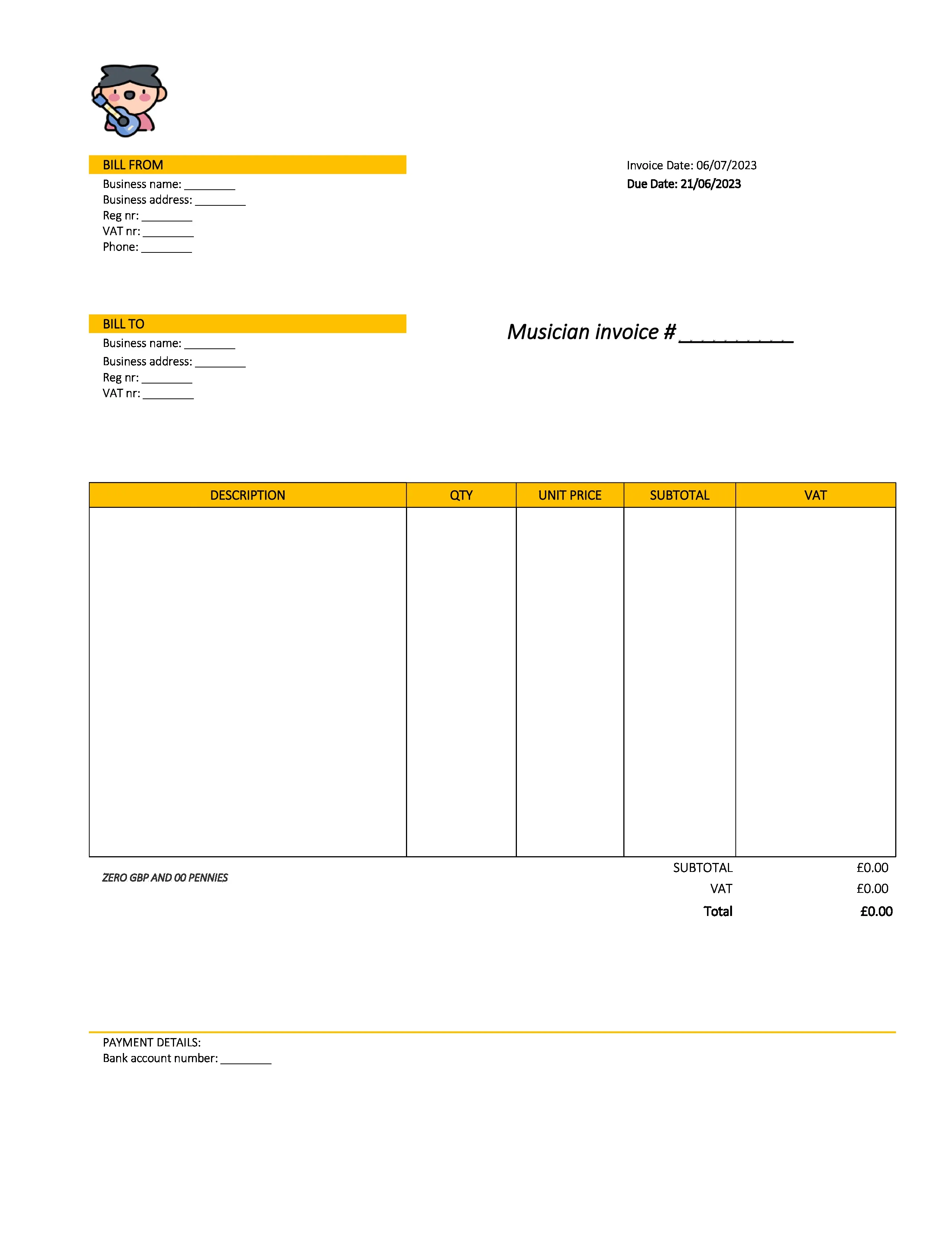 creative musician invoice template UK Excel / Google sheets