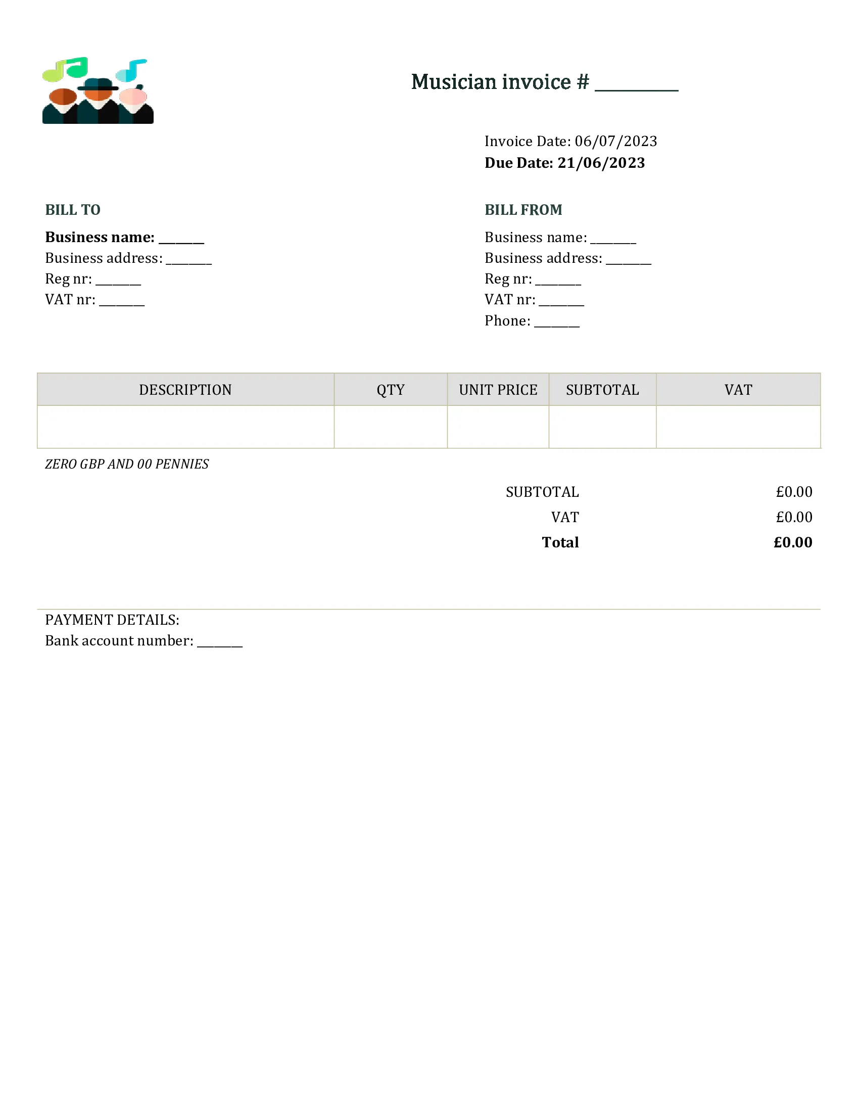editable musician invoice template UK Word / Google docs