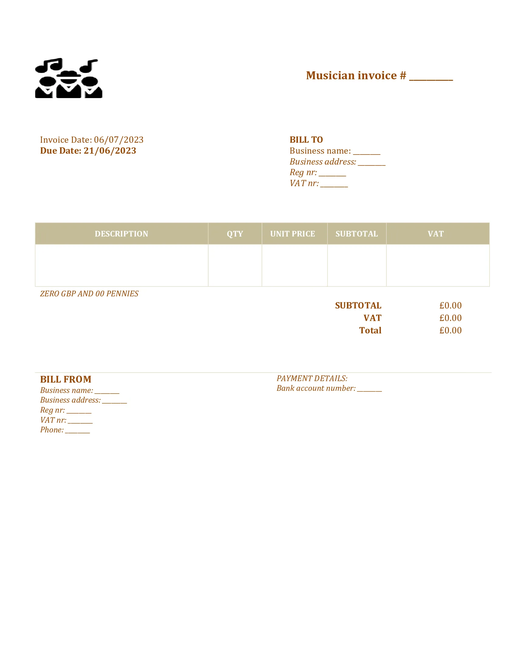 printable musician invoice template UK Word / Google docs