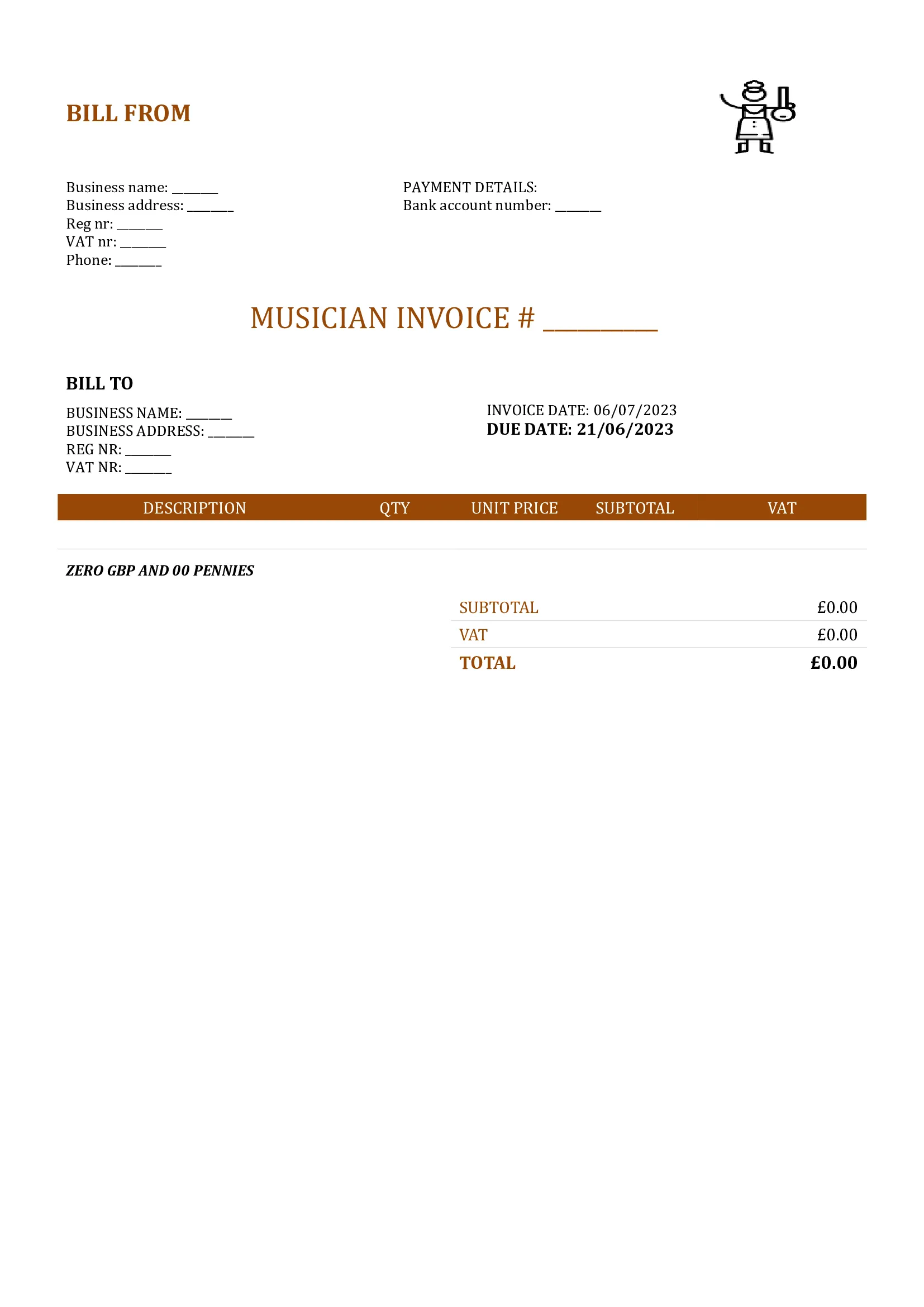 blank musician invoice template UK Word / Google docs