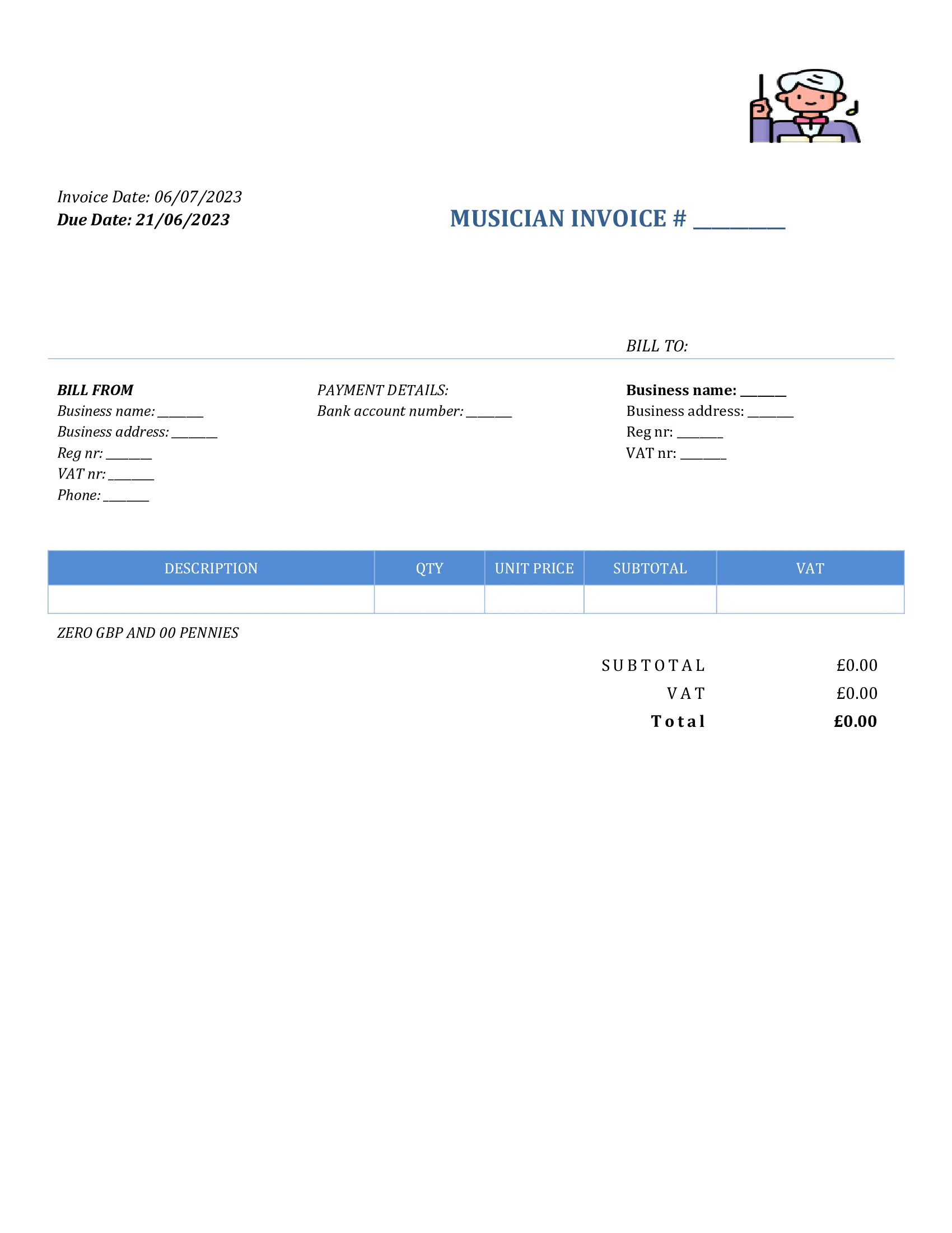 basic musician invoice template UK Word / Google docs