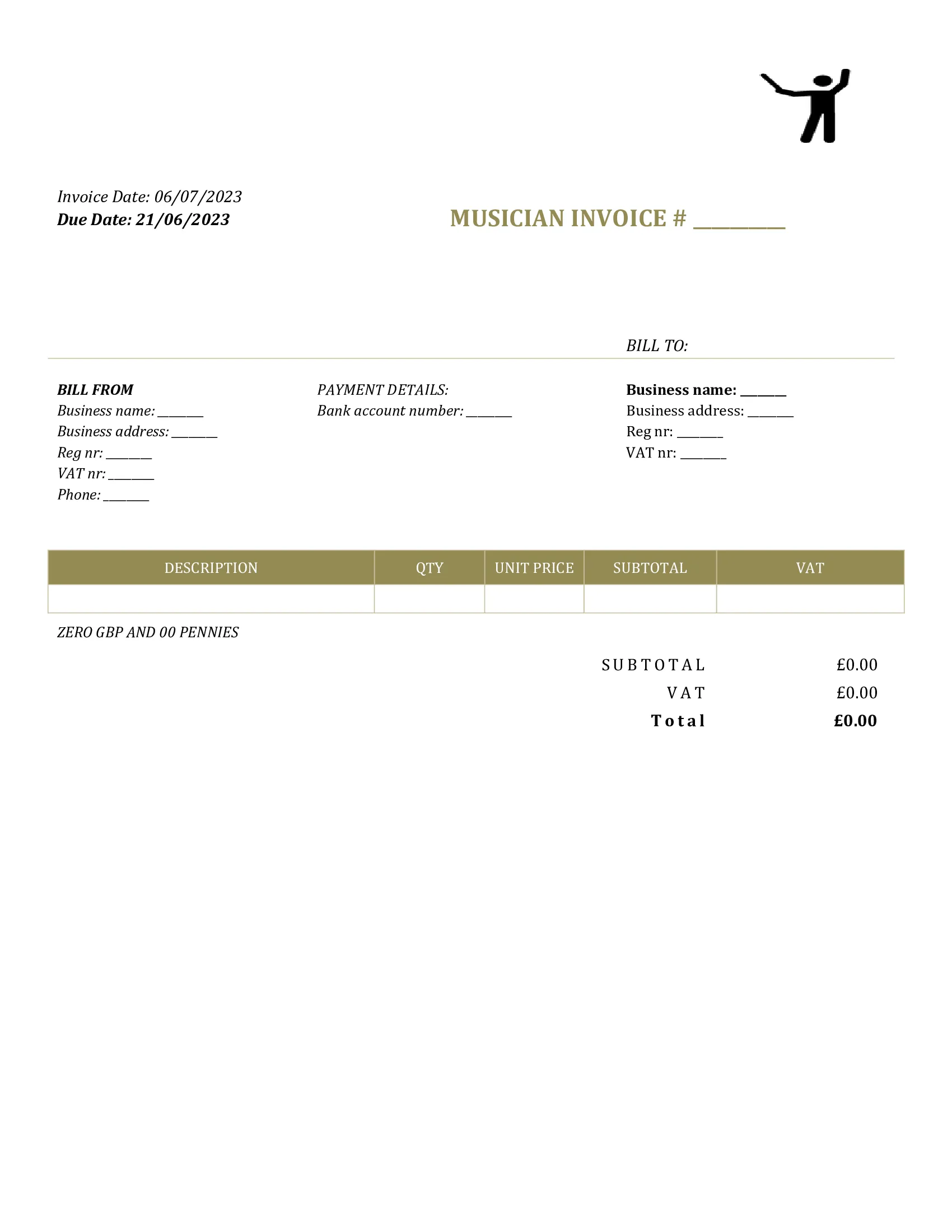 generic musician invoice template UK Word / Google docs