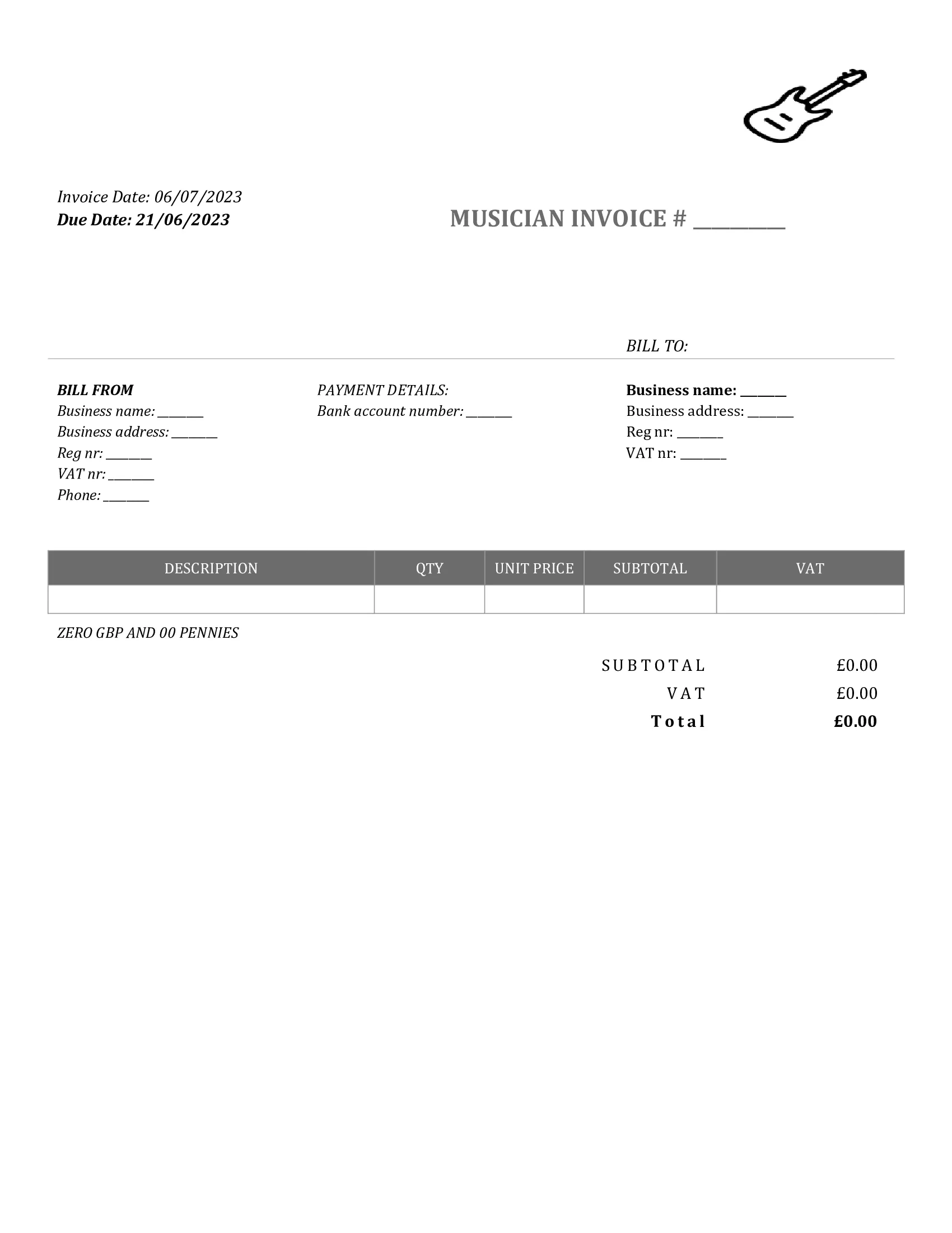 standart musician invoice template UK Word / Google docs