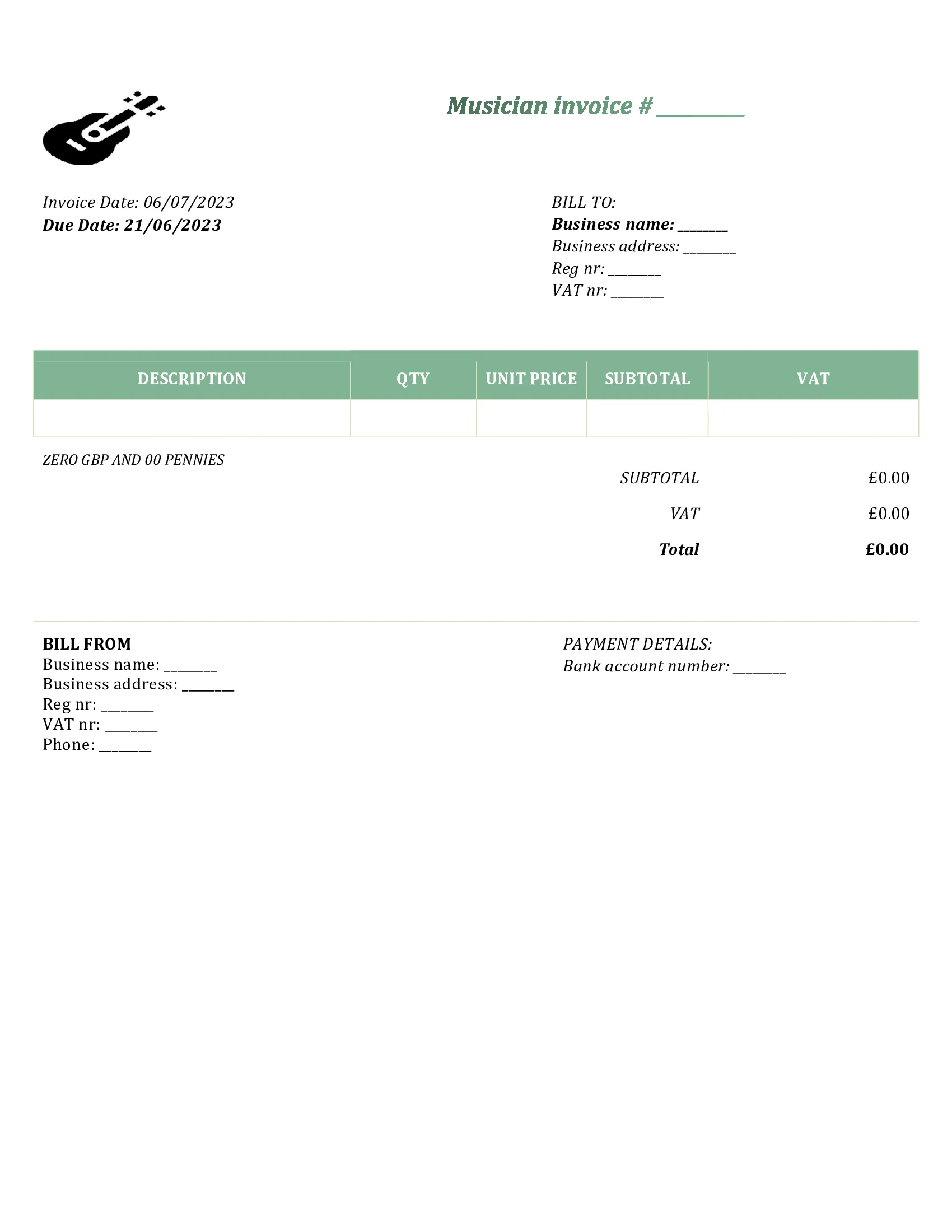 customizable musician invoice template UK Word / Google docs