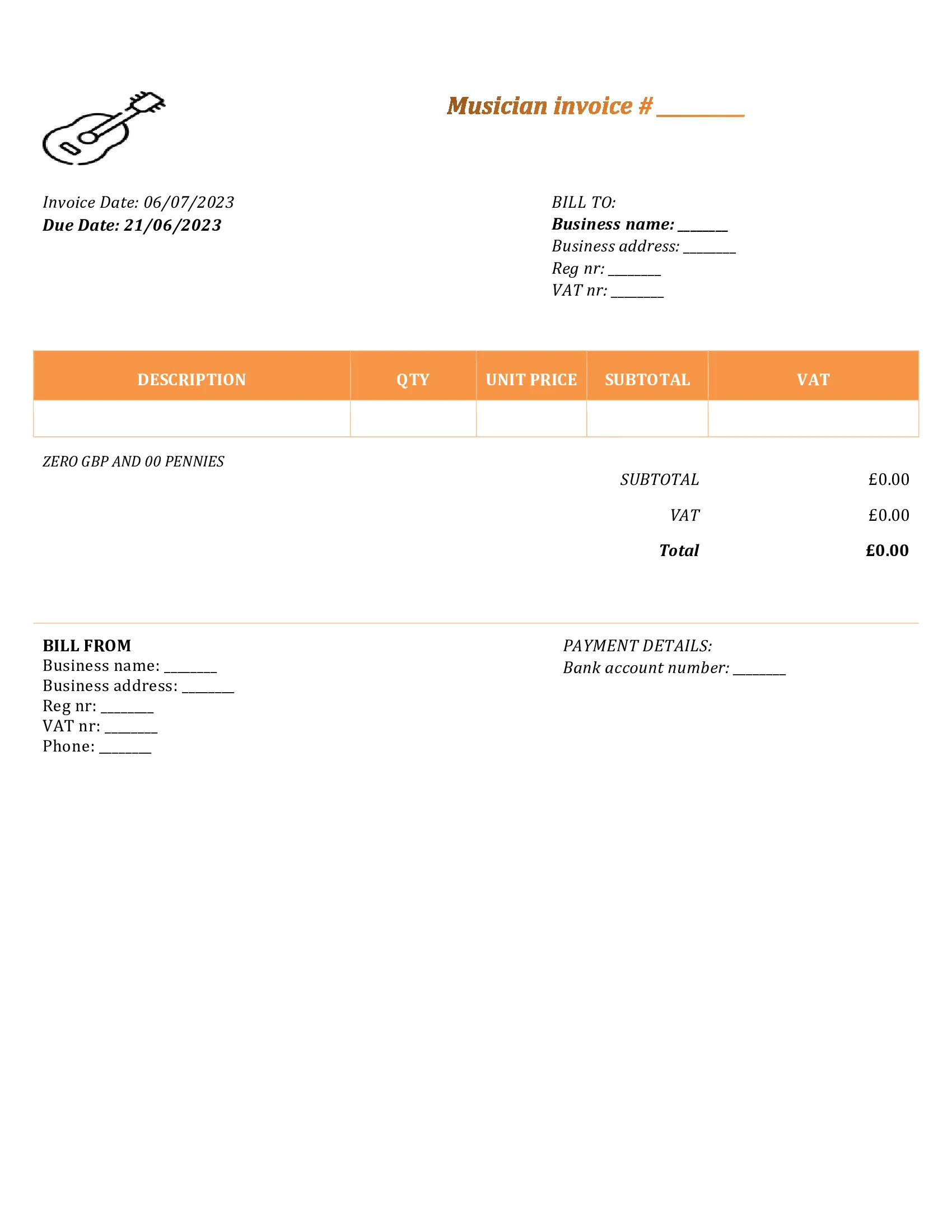 personal musician invoice template UK Word / Google docs