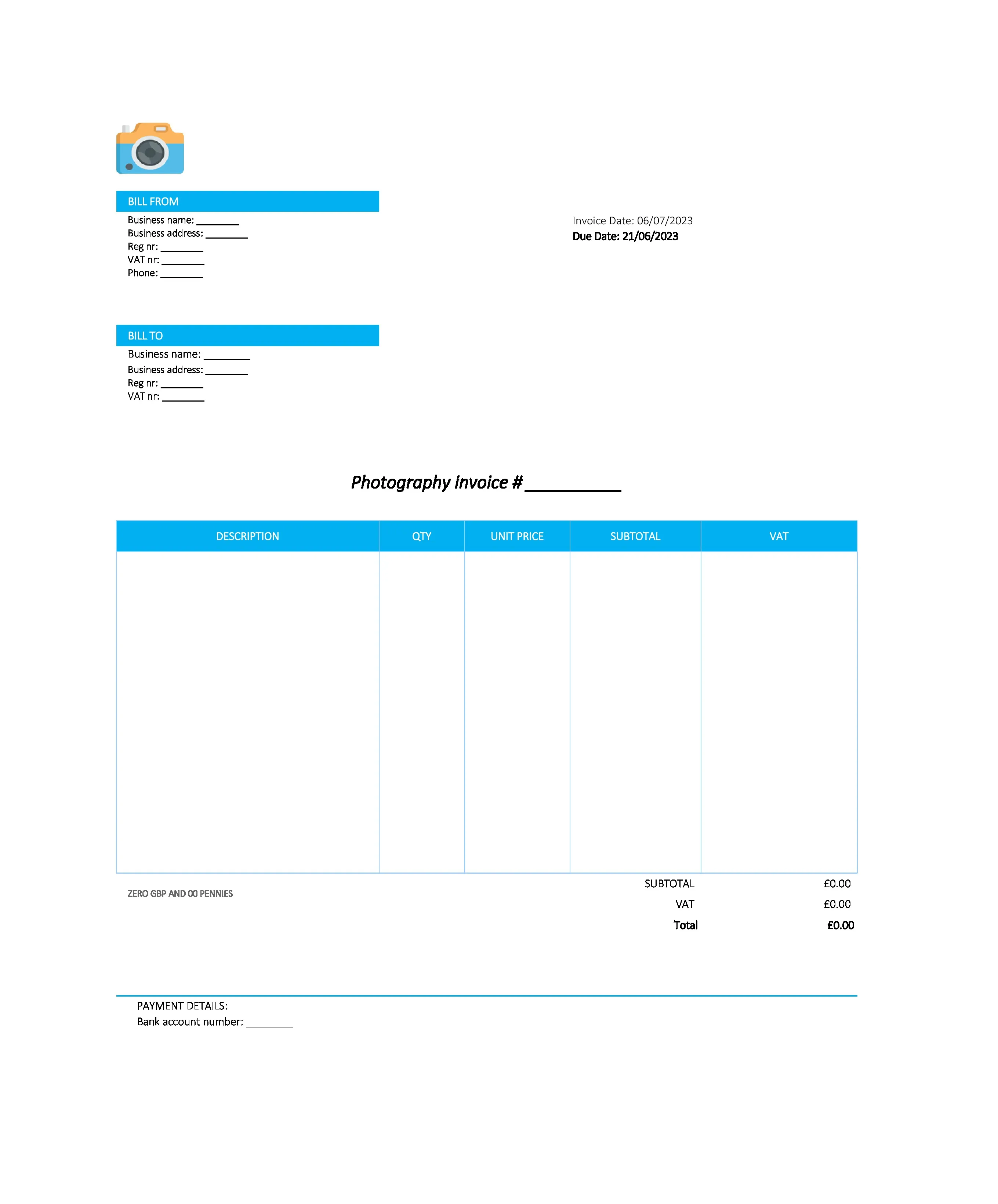 electronic photography invoice template UK Excel / Google sheets