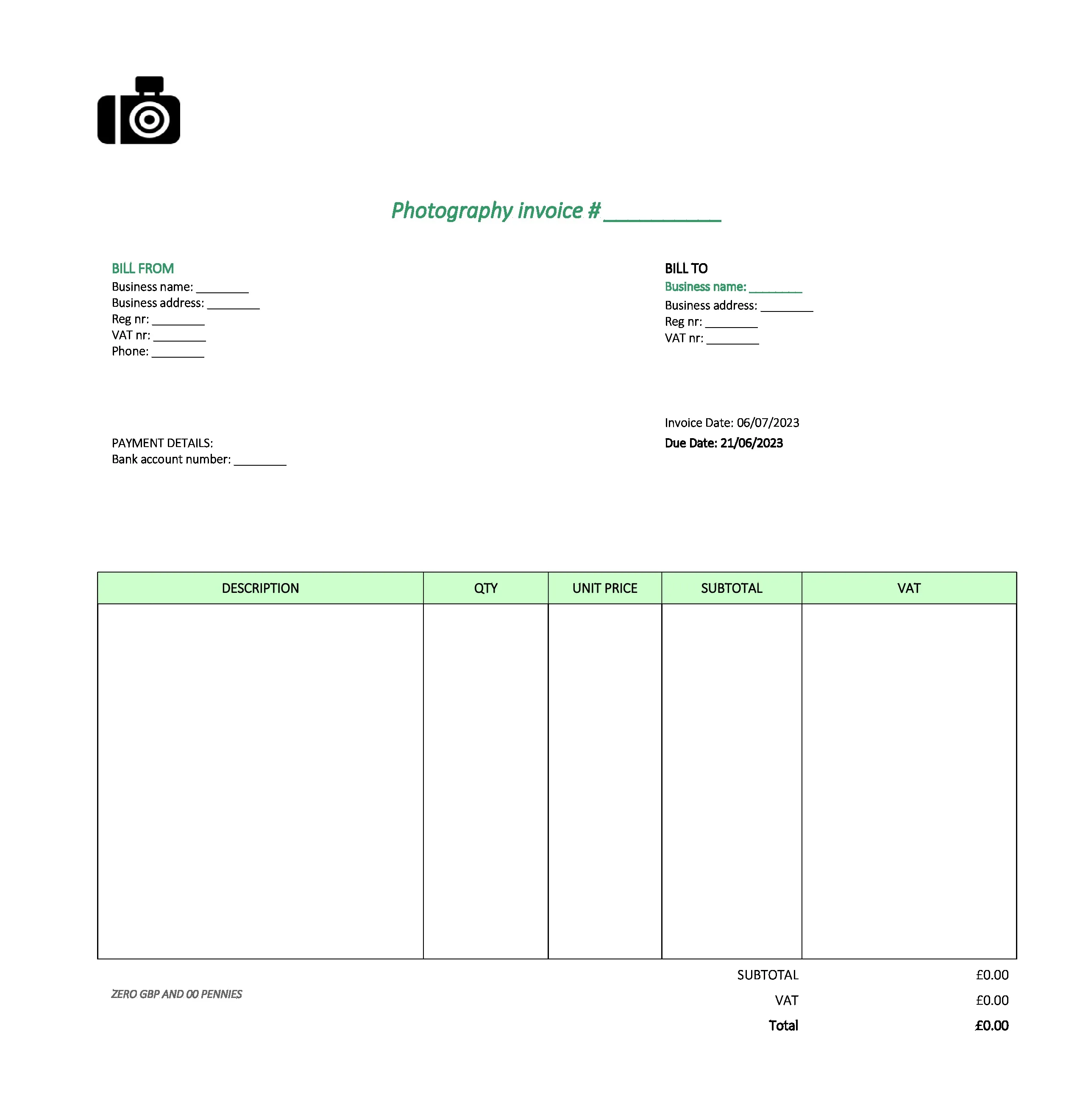 with logo photography invoice template UK Excel / Google sheets