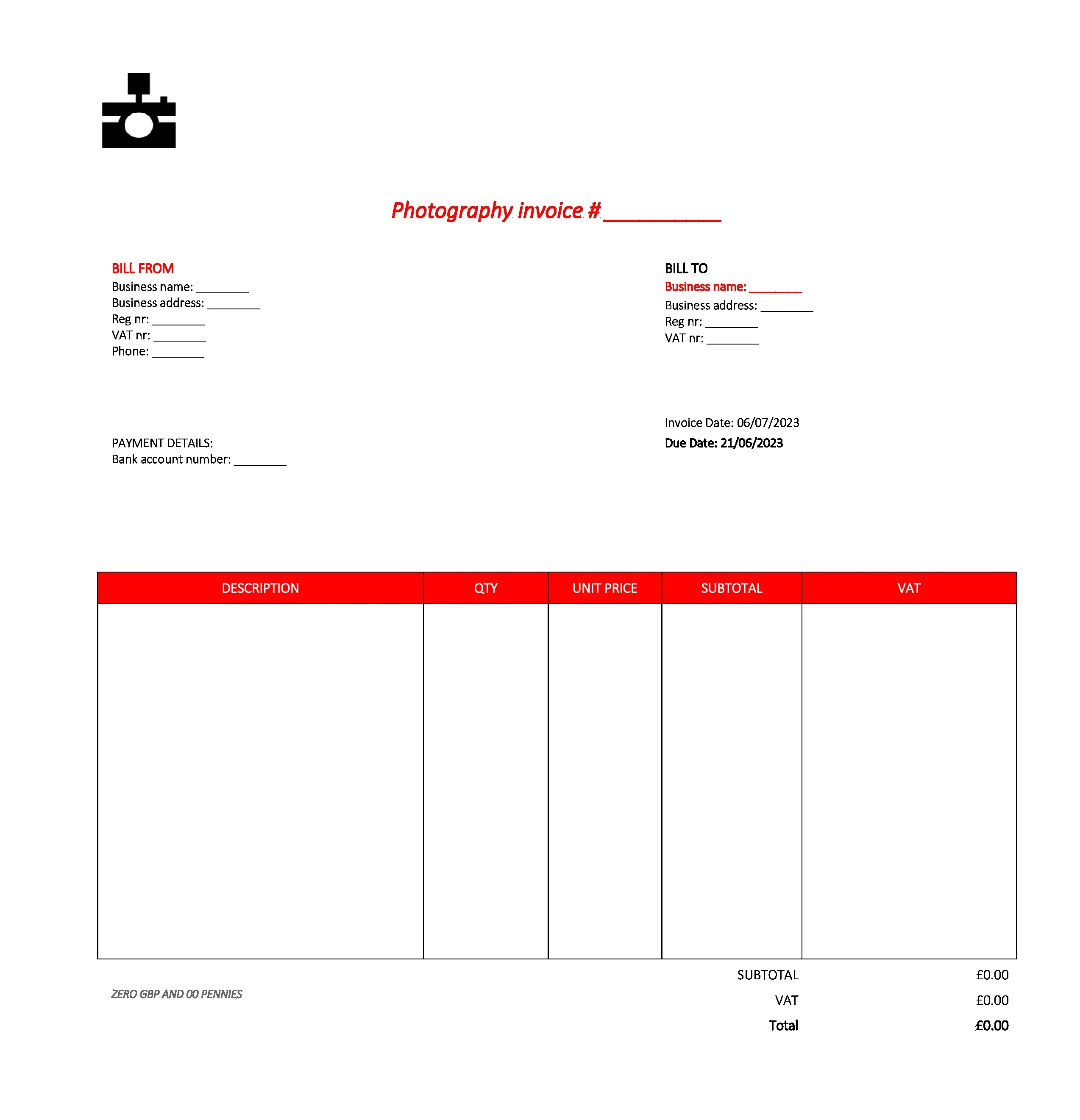 professional photography invoice template UK Excel / Google sheets