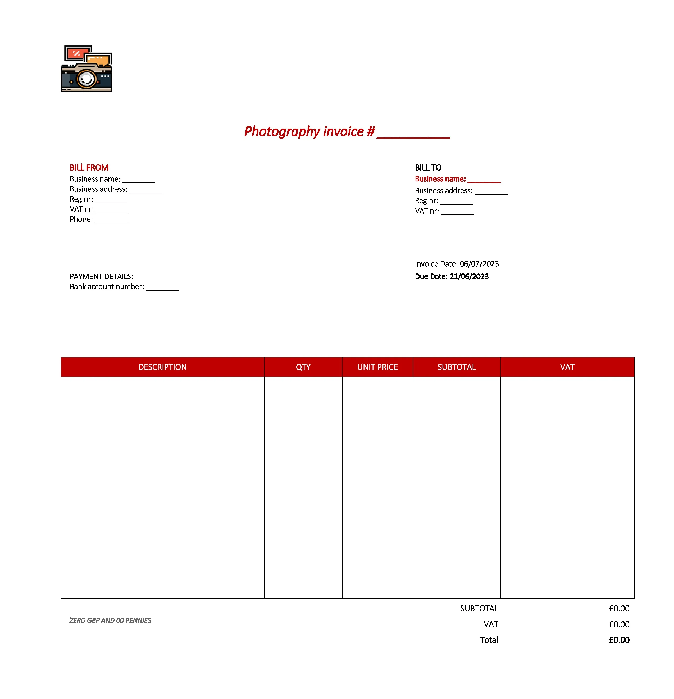 best photography invoice template UK Excel / Google sheets
