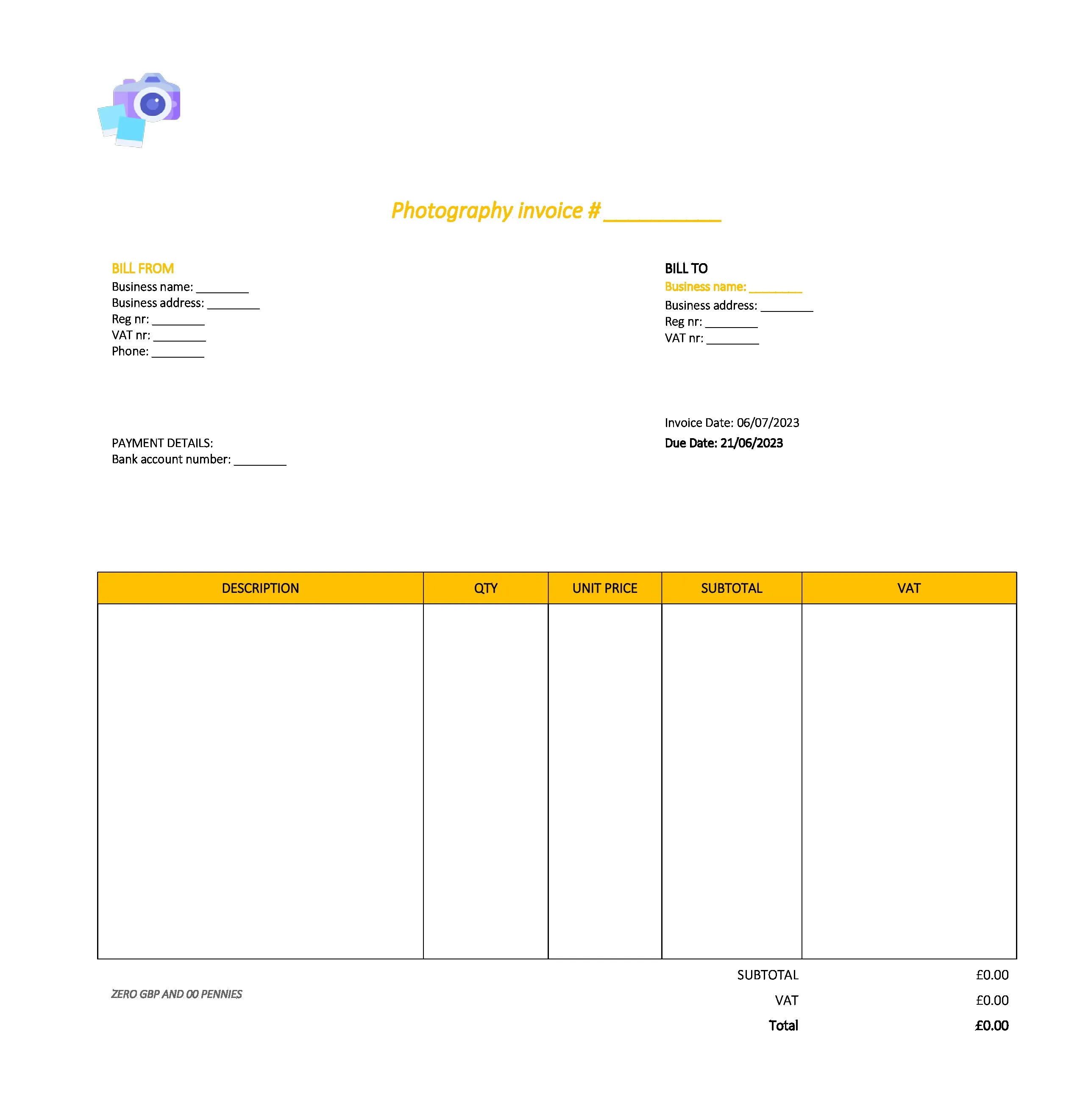 draft photography invoice template UK Excel / Google sheets