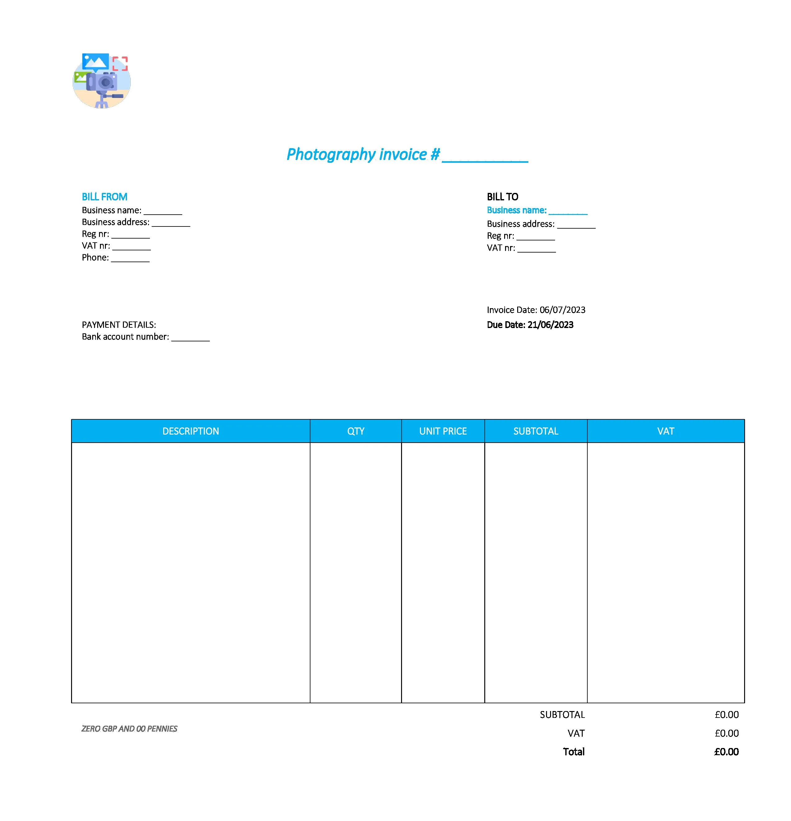 good photography invoice template UK Excel / Google sheets