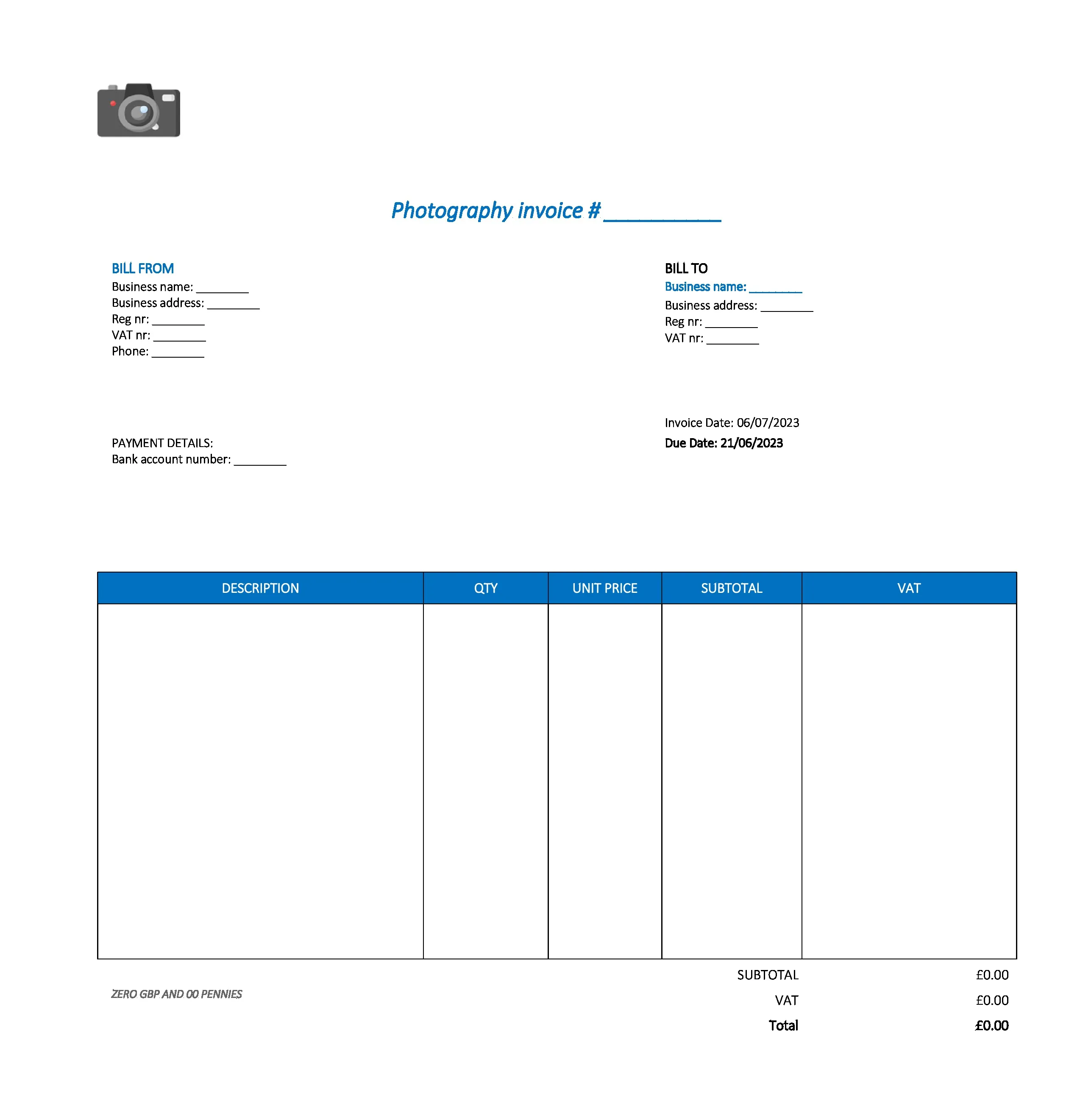 typical photography invoice template UK Excel / Google sheets