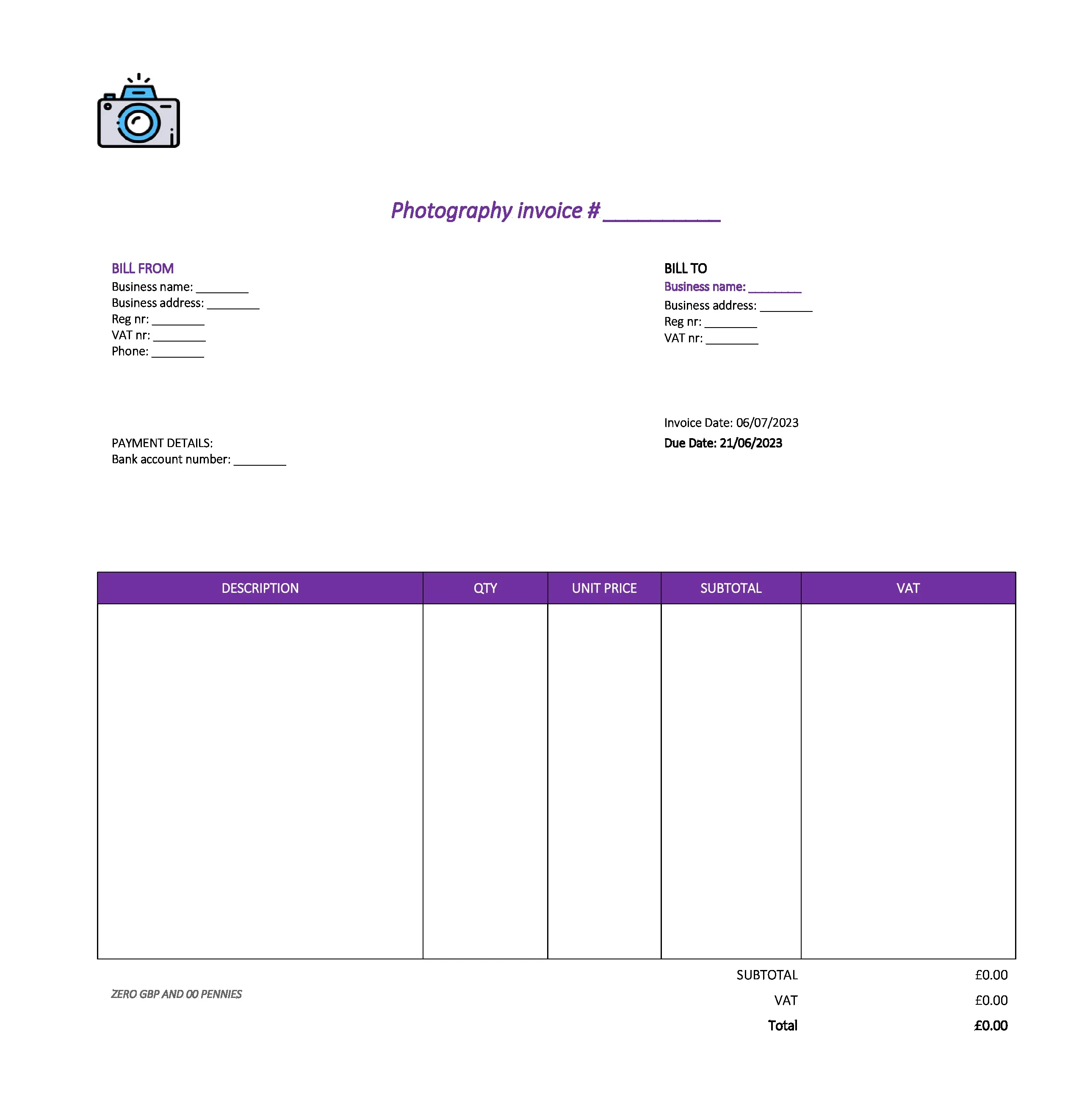 pretty photography invoice template UK Excel / Google sheets