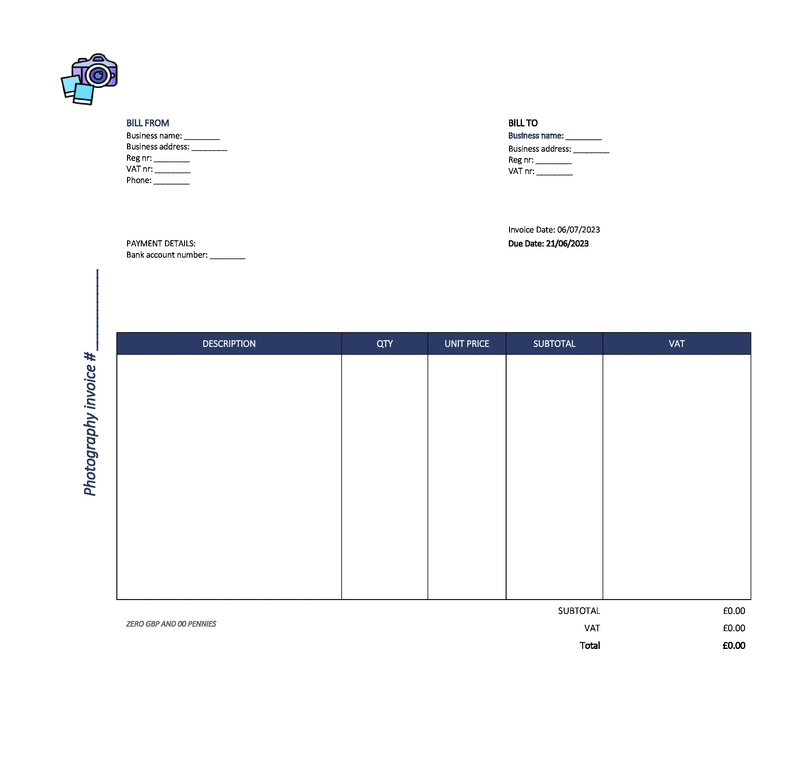 new photography invoice template UK Excel / Google sheets