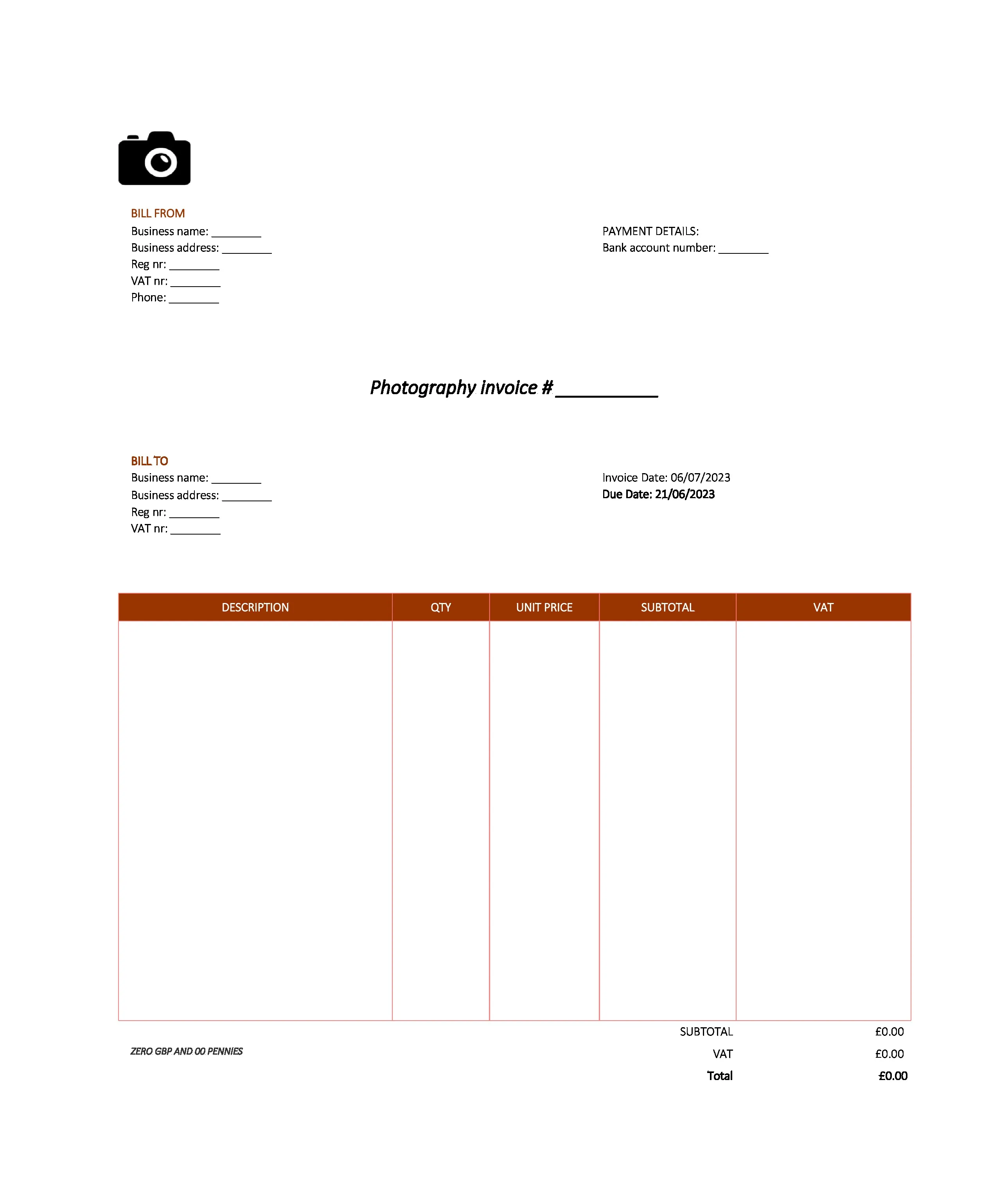 modern photography invoice template UK Excel / Google sheets
