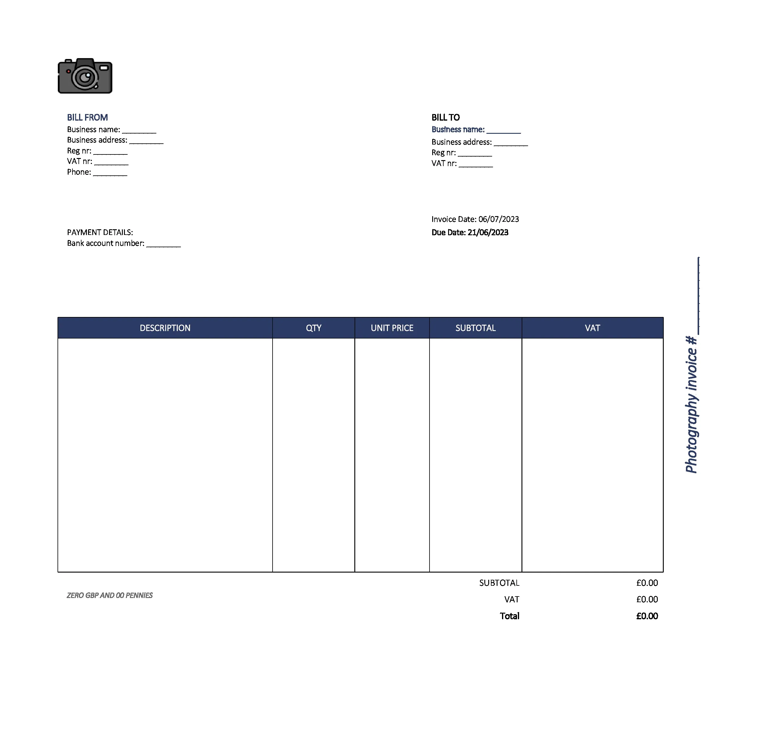 beautiful photography invoice template UK Excel / Google sheets