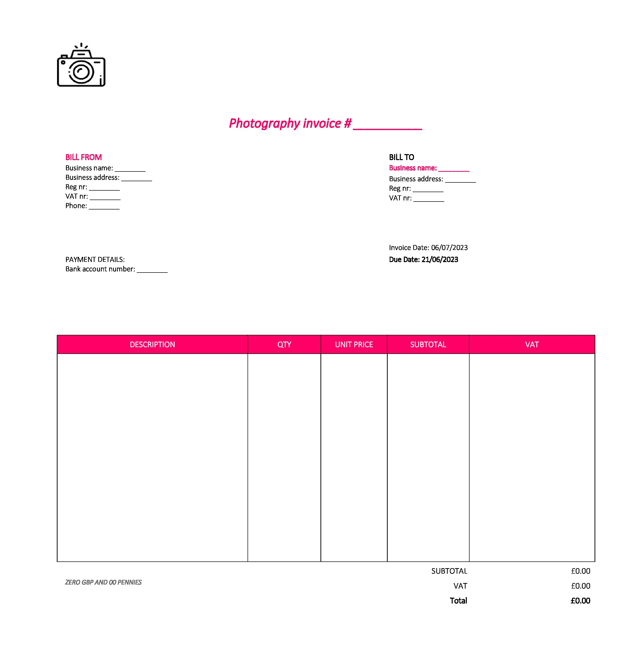 nice photography invoice template UK Excel / Google sheets