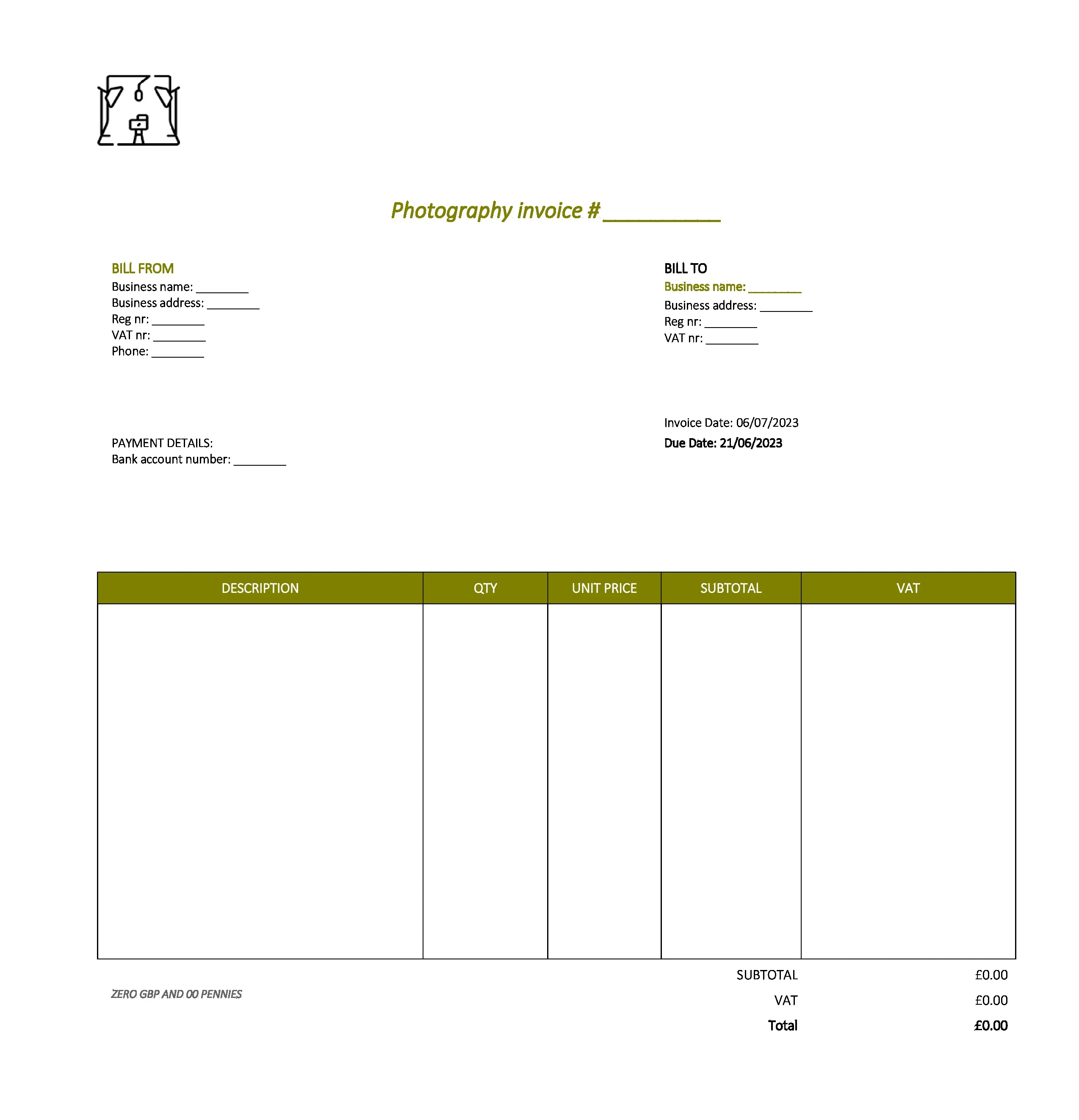 minimalist photography invoice template UK Excel / Google sheets