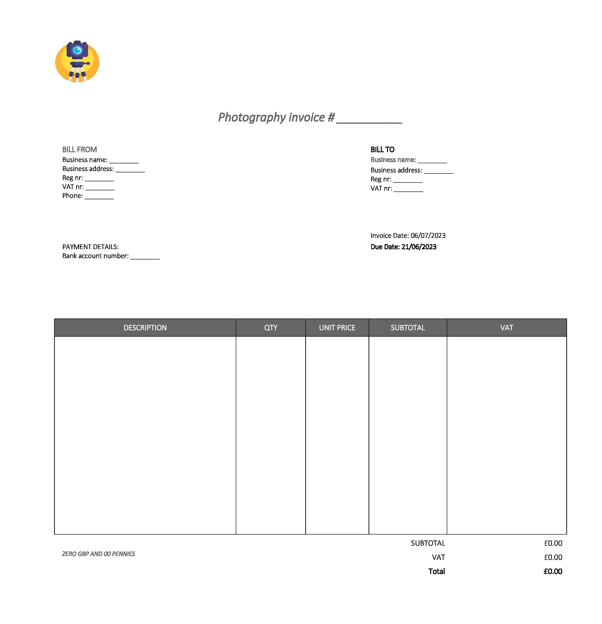 fancy photography invoice template UK Excel / Google sheets