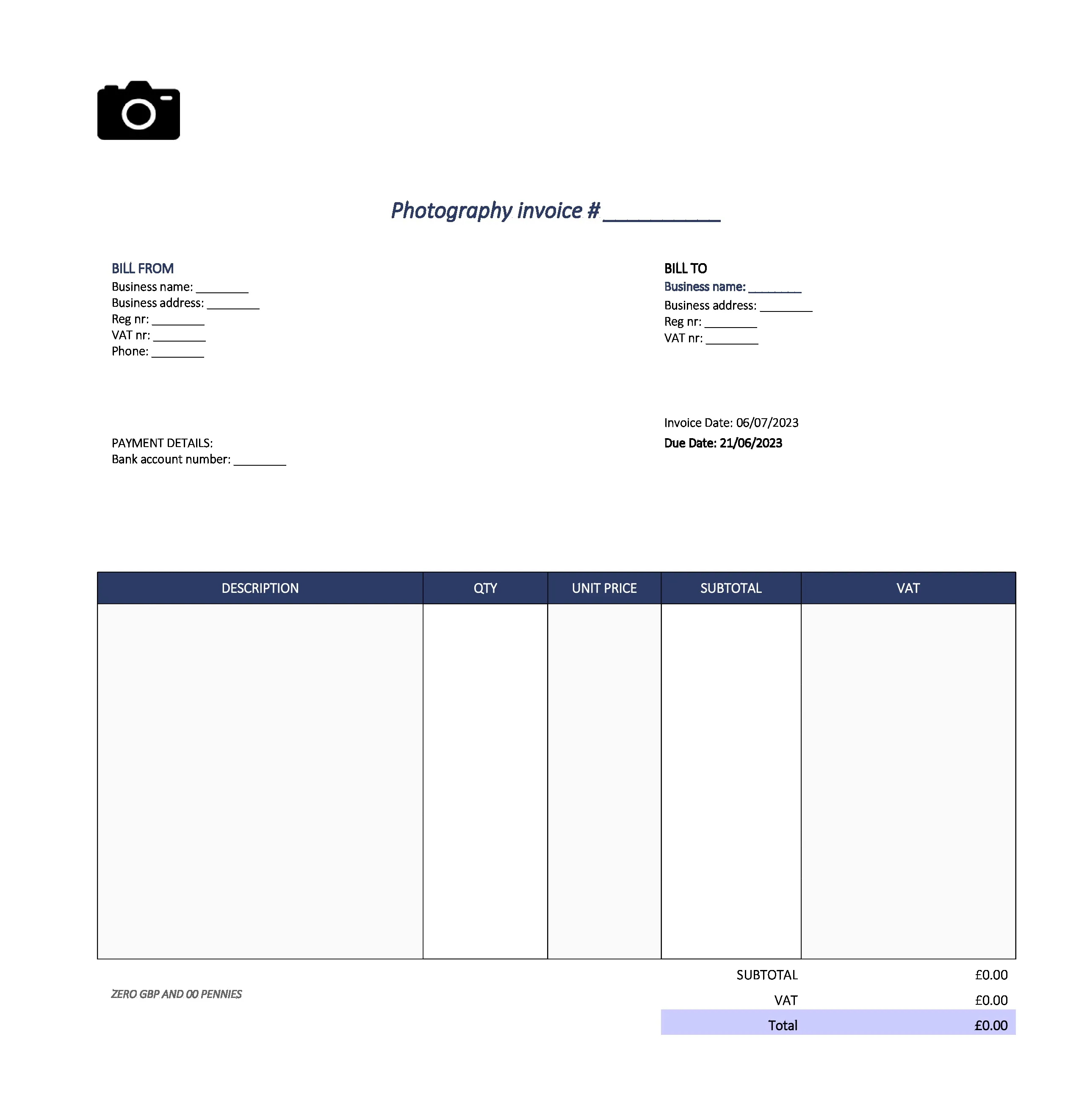 cute photography invoice template UK Excel / Google sheets