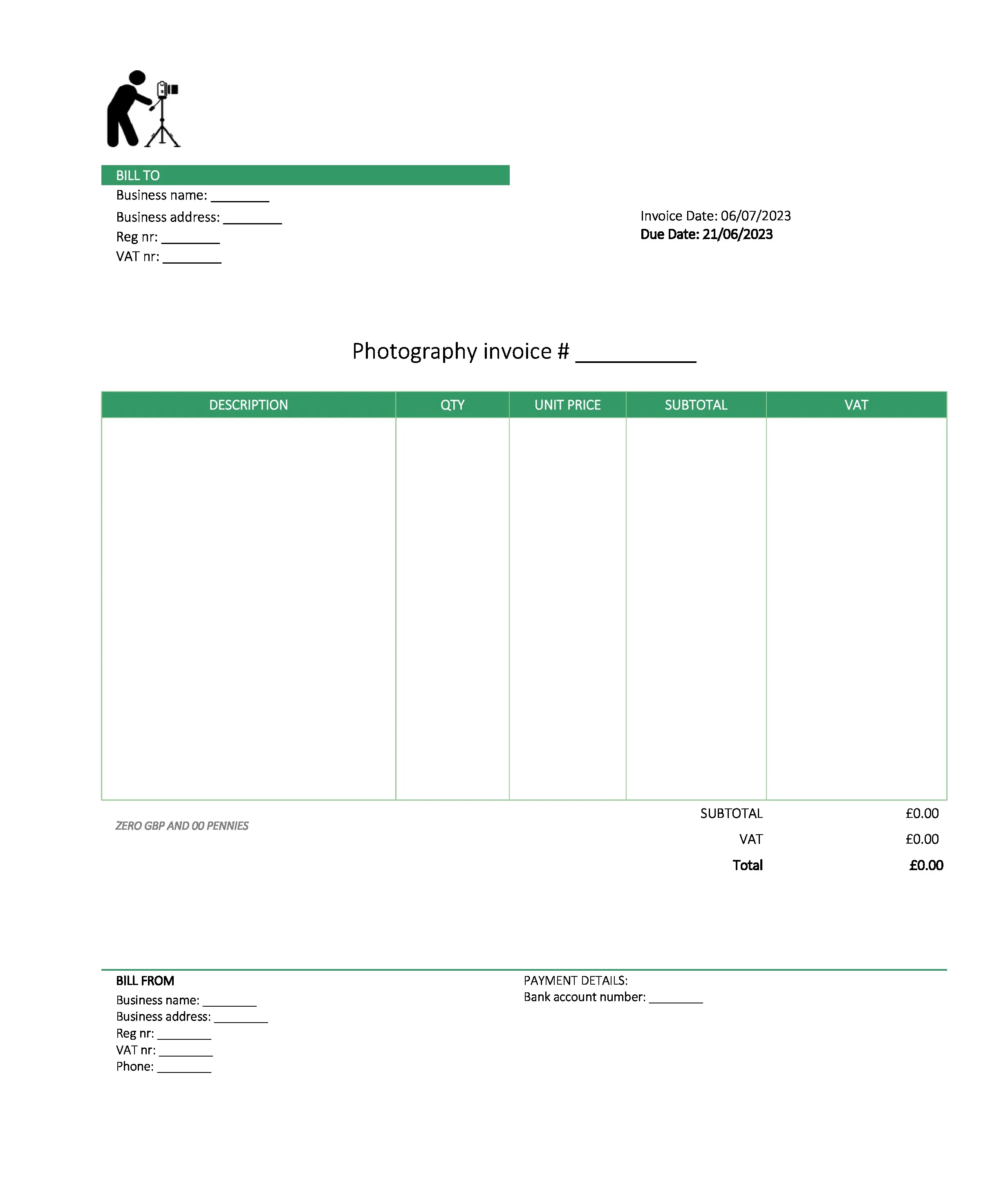 digital photography invoice template UK Excel / Google sheets