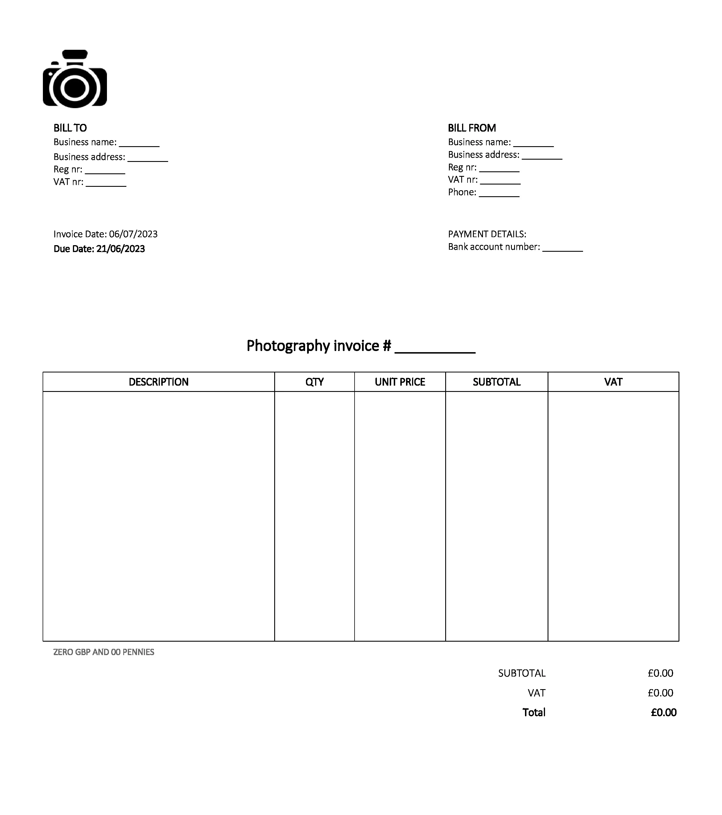 email deliverable photography invoice template UK Excel / Google sheets