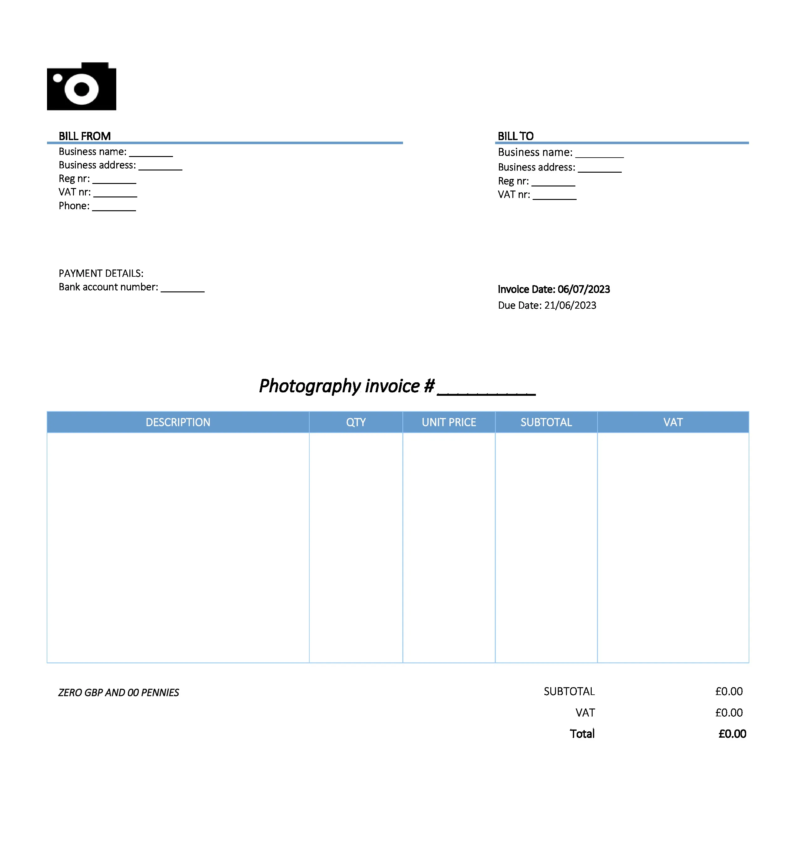 with bank details photography invoice template UK Excel / Google sheets