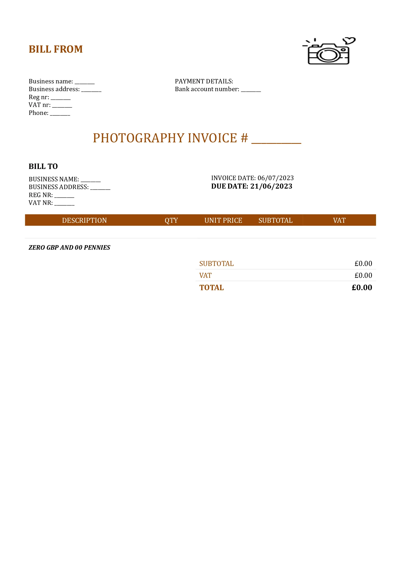blank photography invoice template UK Word / Google docs